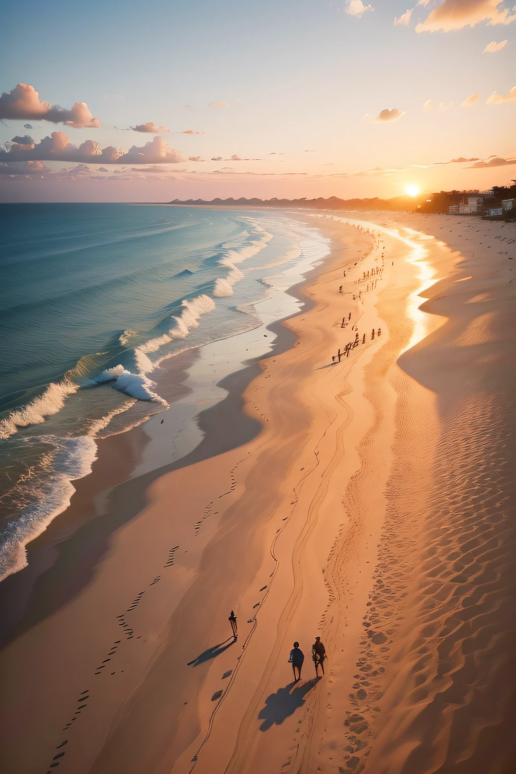 crie uma praia deserta com pessoas olhando o por do sol