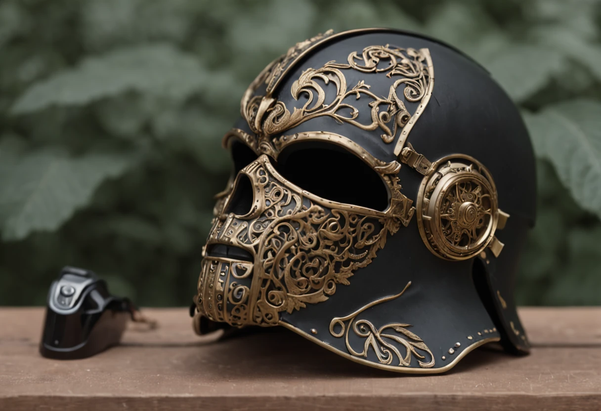 Wrap the entire head,Black metal helmet,Black main color gold accents (((Masterpiece))), ((Best quality)), ((intricately details)), ((Hyperrealistic)),frontage,Lateral face