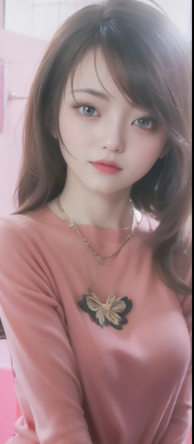 Highly detailed CG Unity 8k wallpaper, With the highest quality, super detailed, master piece, Realistic, photos realistic, extremely detailed cute girl, 20 years old, (Virgin Killer Sweater),cleavage, jeans, (blush) , Round eyes, Large breasts, looking viewer, Half body shot , bathroom , sitting