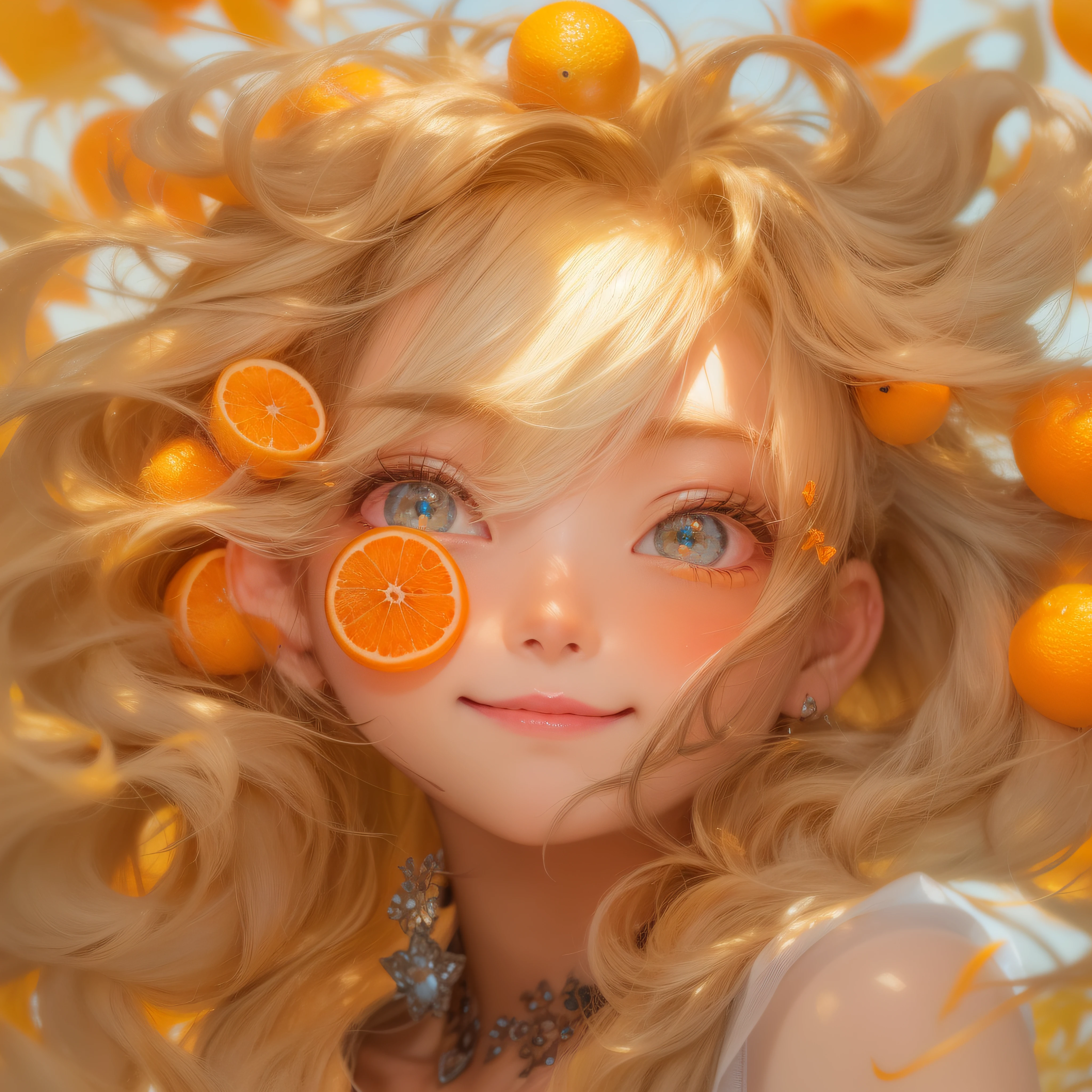 Close up of orange smile with open mouth、(realisitic、hight resolution)、(1 girl in)、Do-Up Eye、Korean Girl、(Best Quality), (masutepiece), (1girl in), Solo, a beauty girl, Perfect face, Big Breast,dreamlikeart、Highly detailed airbrush art((Surreal))、Volumetric lighting、(top-quality)、The ultra-detailliert、(The composition of the movement:1.4)、Highly detailed colorful details、(Bright lighting)、dynamic compositions、Ray traching、The mirror reflects light、Shallow depth of field、ultra-detailliert、mixing exposure、nffsw、Her eyes glow orange、Staring at the sea of oranges。Her orange face is full of anticipation and courage for adventure.、A smile appears on her orange lips。 At the rear、The sun is slowly tilting to the west。Its light brings orange light to the surface of the sea、The swaying waves create a beautiful scene。Her eyes are clearly glowing orange。Lots of oranges