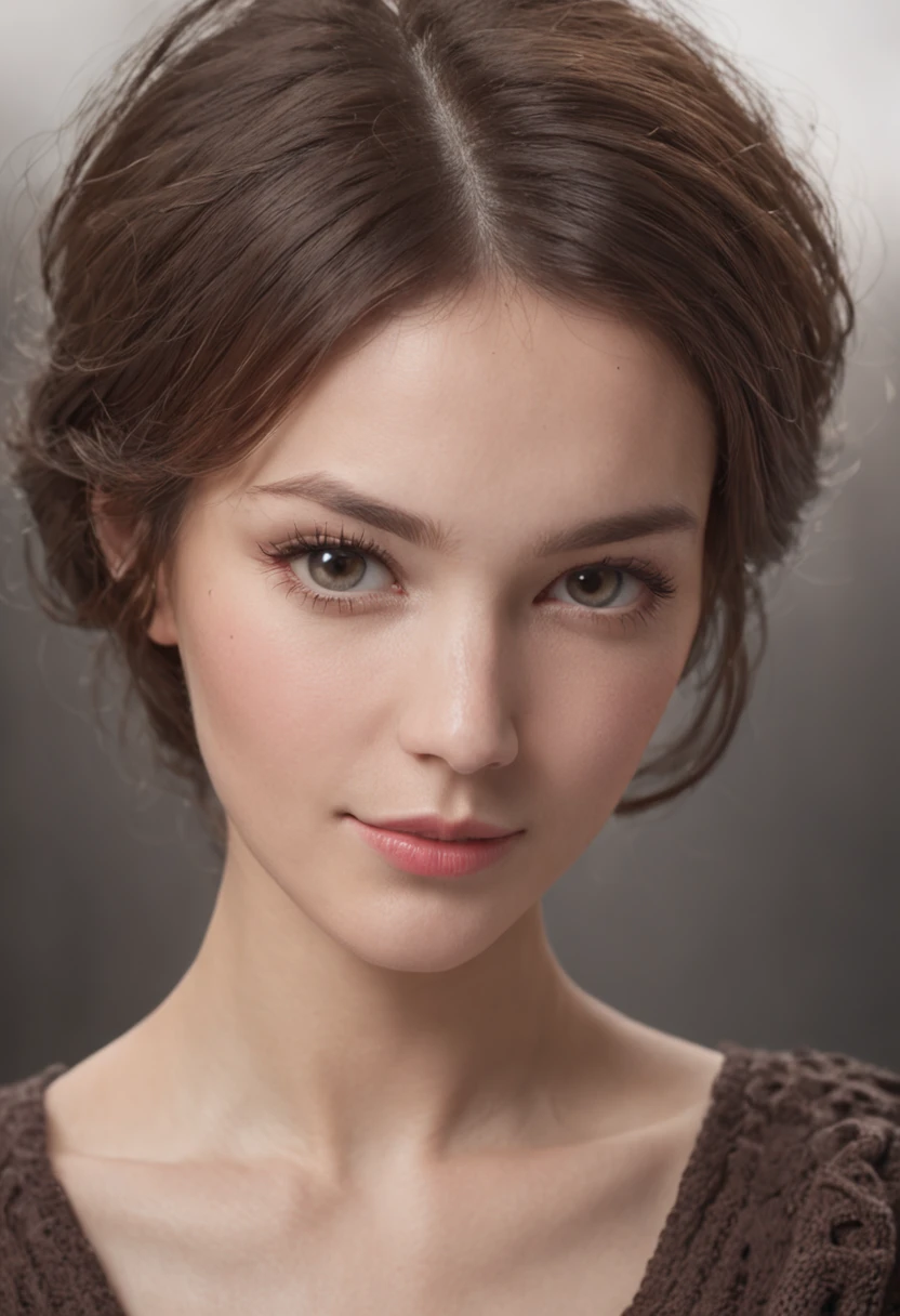 "A lady with short, tousled hair stands before you, her lips curved into a gentle, small smile. Her eyes hold a hint of curiosity and warmth, and her presence seems to radiate an aura of quiet confidence, realistic