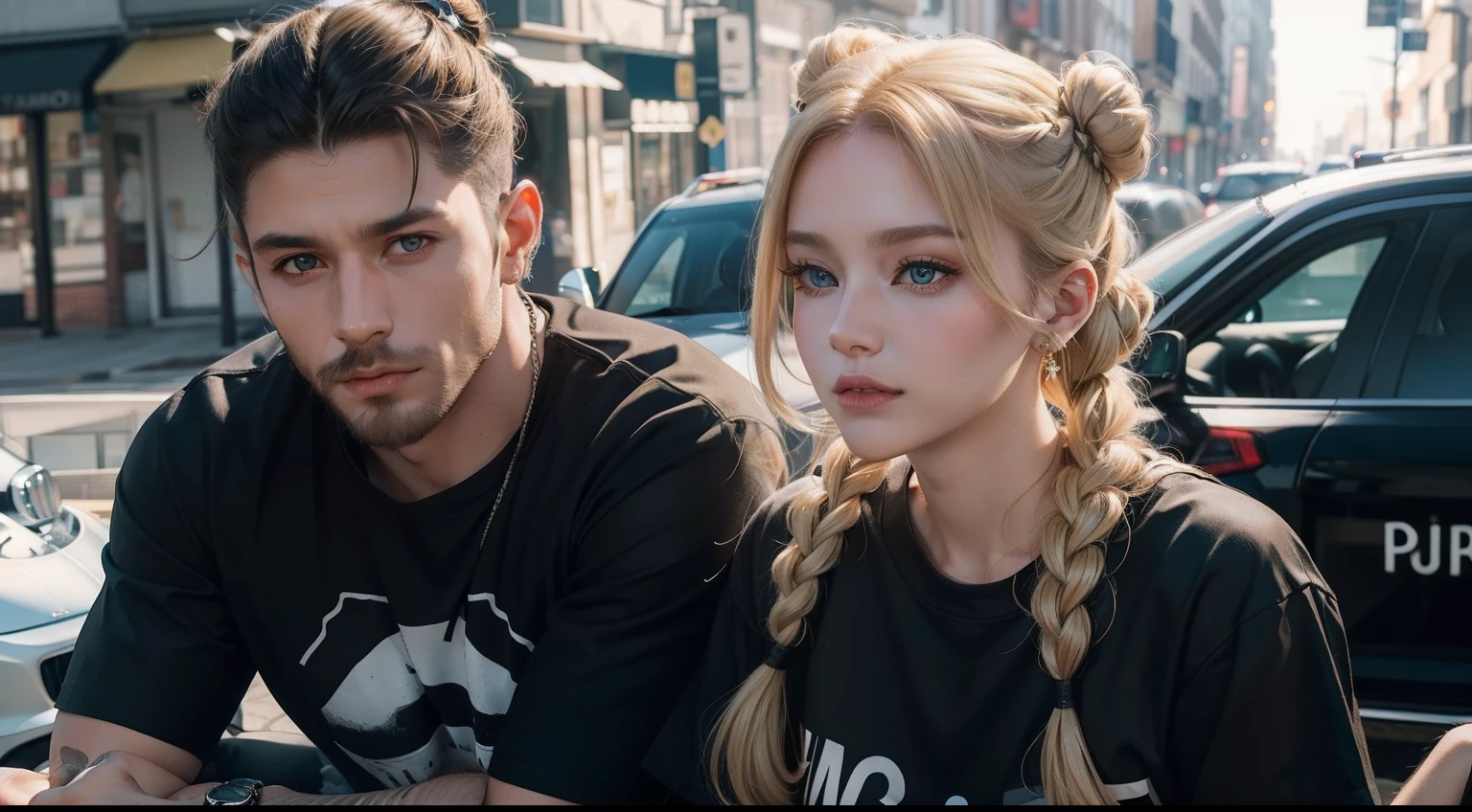 A hyperrealistic image of a man and a woman posing epically near a black BMW sedan police car. O homem, "um homem de 30 anos, pardo de pele escura tem um penteado militar undercut e barba preta, and is wearing a black T-shirt". A mulher, "uma mulher branca de 20 anos, has blonde hair combed in a double space bun with double braids falling over the shoulders and double bangs, and is wearing a black T-shirt."