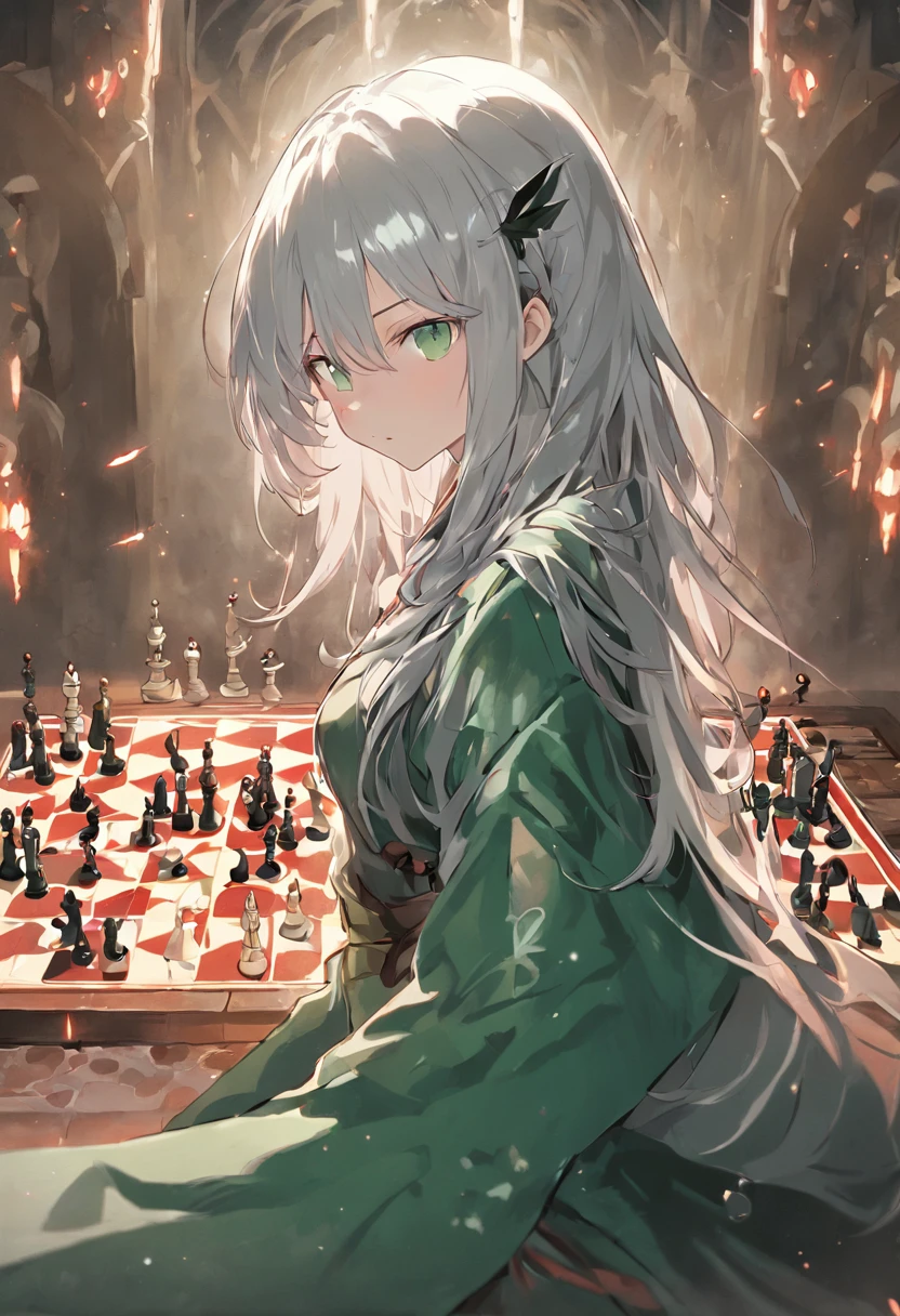 Silver-haired lady, Green eye, in a castle, Playing chess, Gorgeous