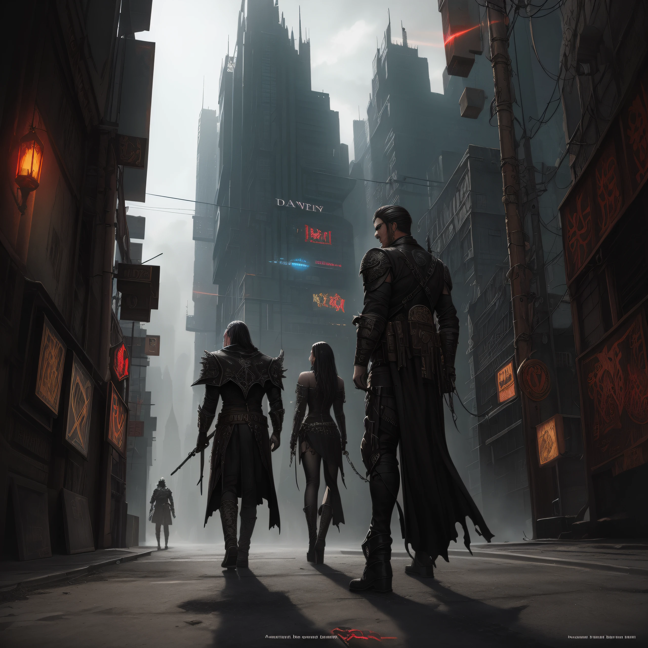CD cover, New realistic RPG, A combination of fantasy and cyberpunk, The cover depicts two mighty heroes of the game, Name in large letters, The name of the game at the top of the cover, Gothic style of writing, Gothic font, very extremely beautiful, tmasterpiece, Realistic, hight resolution