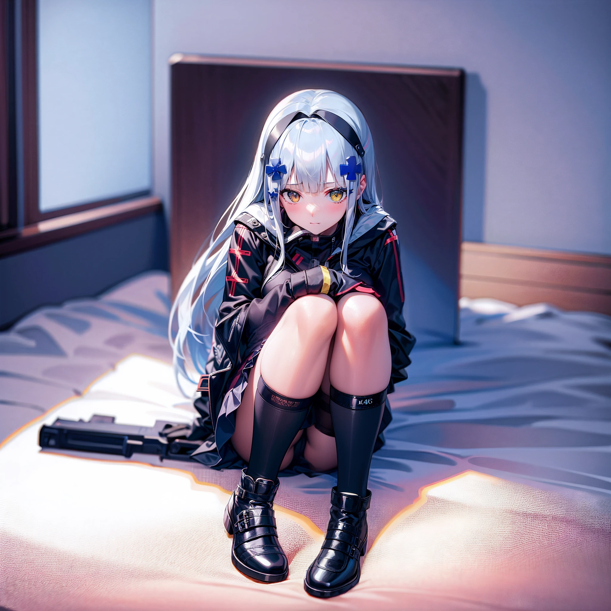 Masterpiece, 1girl, solo, HK416, sitting on bed, looking at viewers, full body, night