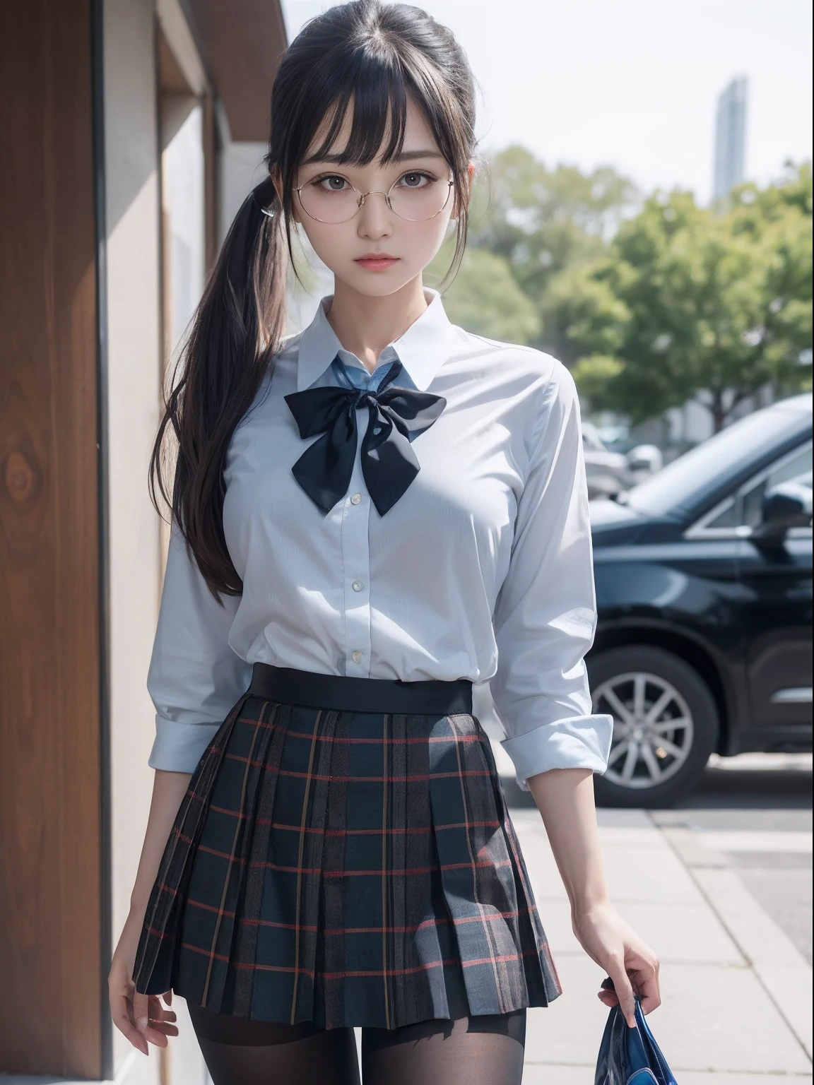 (Long ponytail),(Underwear is visible),（8K、Raw photography、top-quality、​masterpiece：1.2),pigeon chest,glamor,Chromo-white skin,cocky,School,watching at viewers,Looking at the front,Muchimuchi,High-pitched clothing,Erotic,Pupils,de pele branca,kne,((Black pantyhose)),absurderes,a small face,,Forehead visible,Bangs hanging from the left and right sides of the forehead,(a cold expression,Tight eyes,glares,Bullish,irate)、​masterpiece,top-quality、超A high resolution,Raw photo,ren,Beautiful fece,One Person, 独奏,eye glass,,Dark look,Small breasts,fullllbody,Round glasses,JK school uniform,hi-school girl,A Japanese Lady,is standing,（Photorealsitic：1.37）、Photon mapping,Realistic、Beautie,Cute little face,Brown-eyed、Black socks、(Red bow tie)、Radio City、Physically Based Rendering、depth of fields、Blurry background、a picture,Body,beauty legs, Long legs, Thin leg,(Bangs are visible), hair, s lips, Blue_The eye, nosesoft,(Light blue shirt), (Navy and blue and white plaid pleated skirt), Knees are visible,Sheer clothing,, Thigh, Black cotton socks,Nogizaka Idol, 女優, Japanese ido