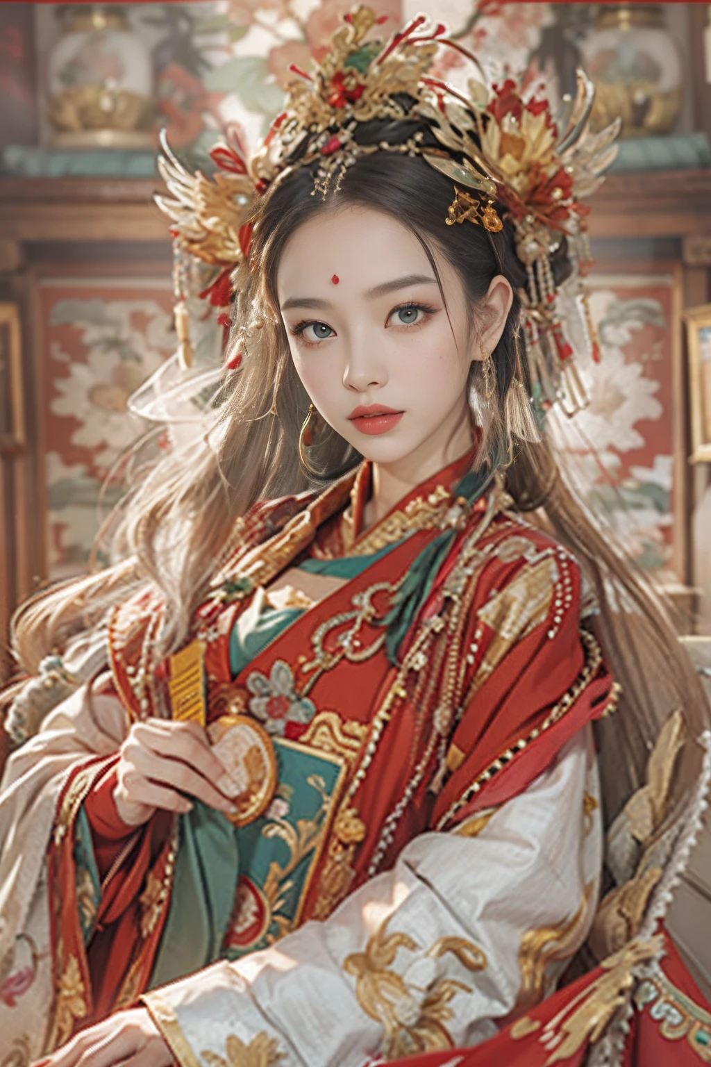 Palace，The princess got married，Hanfu bride，Golden Phoenix Crown，（Pearl cloud shoulder），Pearl tassels，Red and green hanfu，Solemn，(orthofacial)，A beautyful girl，Beautiful facial features，Smooth and delicate skin，skin detailed，Eyelash detailing，She has bright eyes，She wears a phoenix crown on her head，Wearing red and green Chinese clothing，k hd，higher details，movie picture quality，