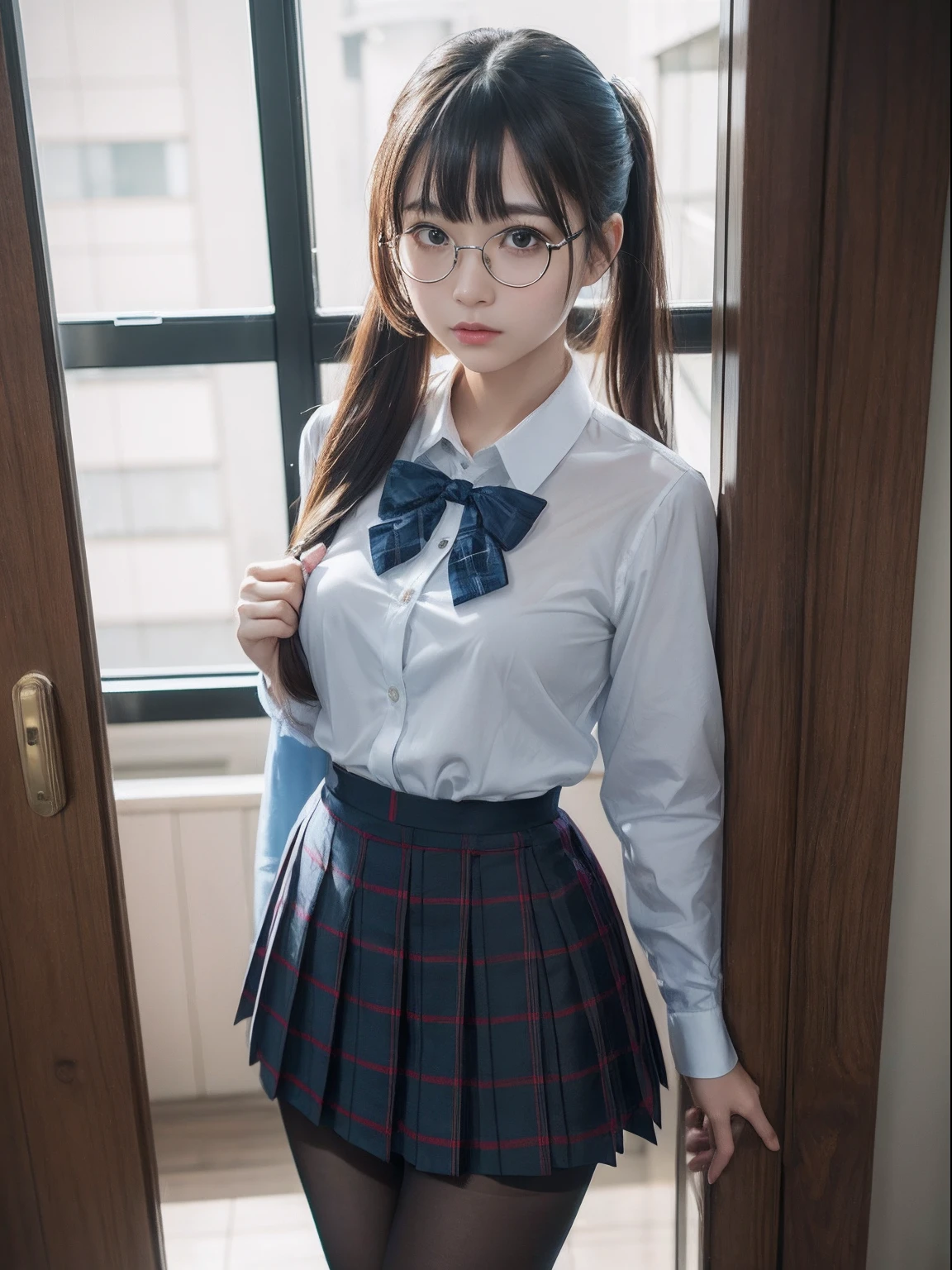 (Long ponytail),(Underwear is visible),(8K、Raw photography、top-quality、masterpiece:1.2),pigeon chest,glamor,Chromo-white skin,cocky,School,watching at viewers,Looking at the front,Muchimuchi,High-pitched clothing,Erotic,Pupils,de pele branca,kne,((Black pantyhose)),absurderes,a small face,,Forehead visible,Bangs hanging from the left and right sides of the forehead,(a cold expression,Tight eyes,glares,Bullish,irate)、masterpiece,top-quality、超A high resolution,Raw photo,ren,Beautiful fece,One Person, 独奏,eye glass,,Dark look,Small breasts,fullllbody,Round glasses,JK school uniform,hi-school girl,A Japanese Lady,is standing,(Photorealsitic:1.37)、Photon mapping,Realistic、Beautie,Cute little face,Brown-eyed、Black socks、(Red bow tie)、Radio City、Physically Based Rendering、depth of fields、Blurry background、a picture,Body,beauty legs, Long legs, Thin leg,(Bangs are visible), hair, s lips, Blue_The eye, nosesoft,(Light blue shirt), (Navy and blue and white plaid pleated skirt), Knees are visible,Sheer clothing,, Thigh, Black cotton socks,Nogizaka Idol, 女優, Japanese ido