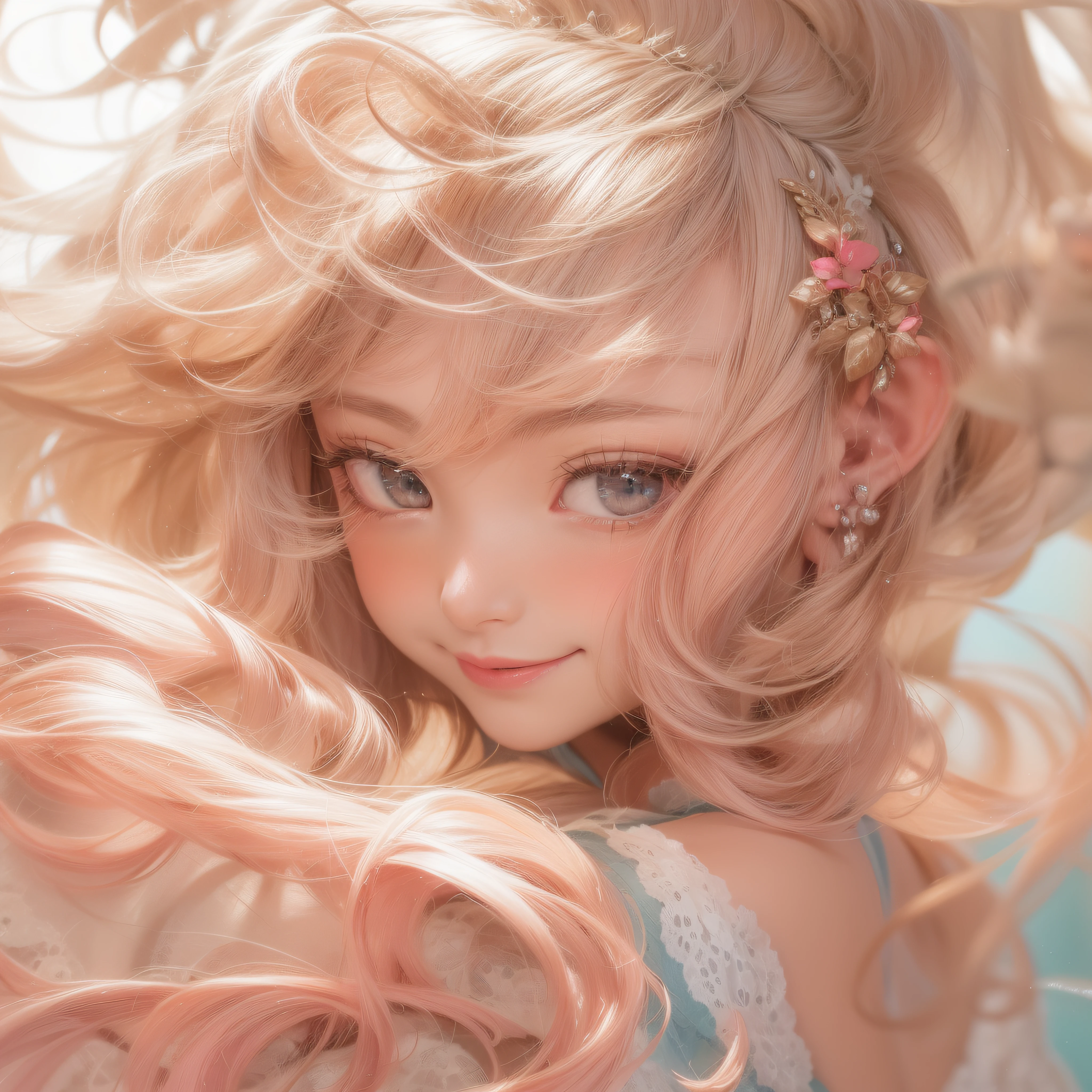 high-angle、high-angle、high-angle、Close up of smiling face with open mouth、(realisitic、hight resolution)、(1 girl in)、Do-Up Eye、Korean Girl、(Best Quality), (masutepiece), (1girl in), Solo, a beauty girl, Perfect face, Big Breast,dreamlikeart、Highly detailed airbrush art((Surreal))、Volumetric lighting、(top-quality)、The ultra-detailliert、(The composition of the movement:1.4)、Highly detailed colorful details、(Bright lighting)、dynamic compositions、Ray traching、The mirror reflects light、Shallow depth of field、ultra-detailliert、mixing exposure、nffsw、Her eyes are glowing pink、Staring at the pink sea。Her pink face is full of anticipation and courage for adventure.、A smile appears on her pink lips。 At the rear、The sun is slowly tilting to the west。Its light brings pink light to the surface of the sea、The swaying waves create a beautiful scene。Her eyes are clearly glowing pink。Lots of pink