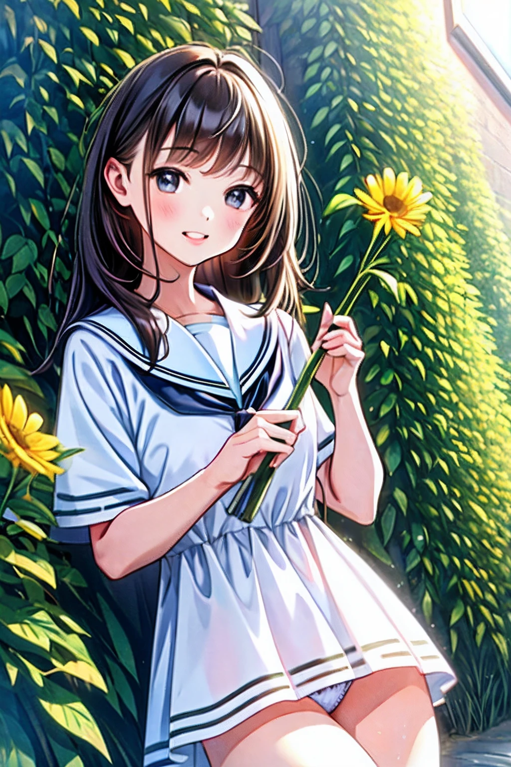 (Masterpiece:1.2), Best quality, A high resolution, Original, (Extremely detailed:1.2), Ultra-detailed, the wallpaper, Perfect lighting,(Extremely detailed CG:1.2), 8K, illustration, 1girll, Solo, Detailed eyes, cheerfulness, Smile, (Girl in {Beautiful|Short-sleeved|short} dress:1.22), (Sailor collar:1.25), Shiny clothes, (crouched:1.17), (Panchira), (Detailed panties:1.33), (Girl playing with cat:1.14), (cat:1.08), backyard, day, [Flowers and grasses:20]