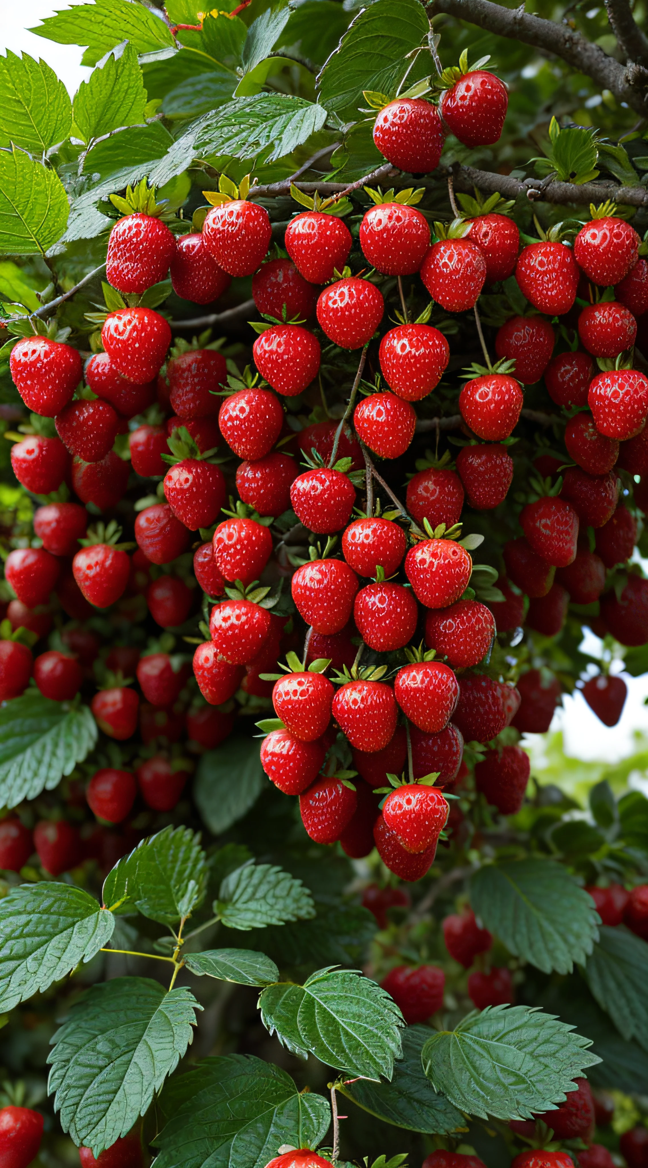 A large cluster of strawberries hangs from the tree, morango, berries inside structure, berries dripping, squashed berries dripping, Outstanding detail, berries, fight with strawberries, Strawberry, “berries, fruit trees, strawberry fields forever, Masterpiece works of art, raspberry, squashed berries, Clear detail, Fruit, author：Robert Brackman, mind-blowing detail