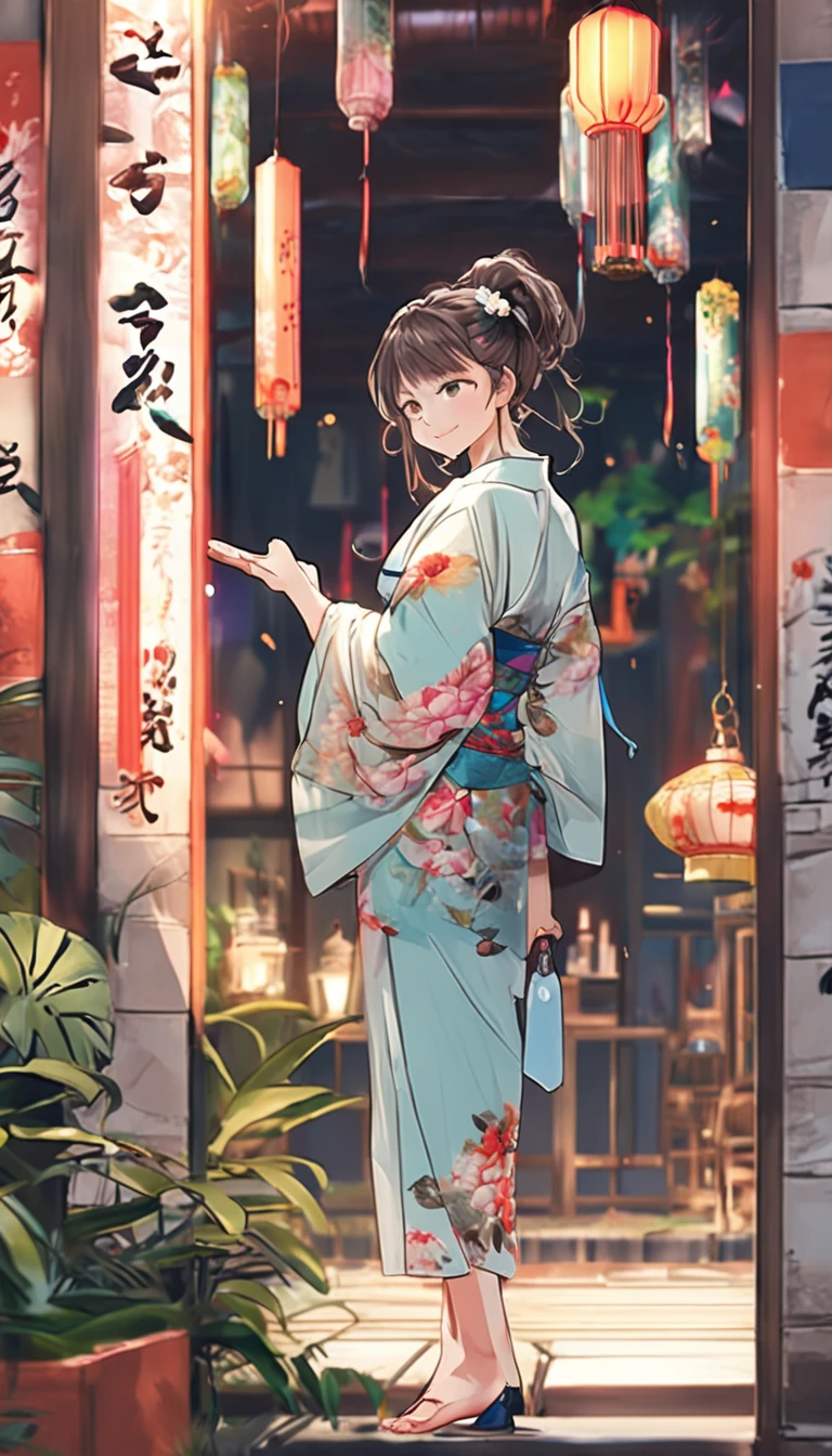 ((Yukata)),eye glass，innocent smiles，ancient city，veranda，wind chime，(1girl in, Solo:1.6),(Best Impact:1.5), (maximalism:1.7),Vivid contrast, (Realistic), hyperrealistic illustrations, hight resolution, ultra-detailliert, absurderes,(Fractal Art:1.3)、Random hairstyle、Random hair color colorful、Iridescent eyes、FULL BODYSHOT、Retro、Precise focus、randome pose、cinema4d、Drama