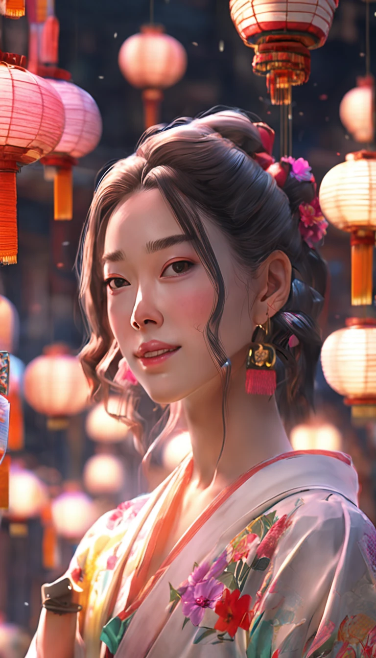 ((Yukata)),eye glass,innocent smiles,ancient city,veranda,wind chime,(1girl in, Solo:1.6),(Best Impact:1.5), (maximalism:1.7),Vivid contrast, (Realistic), hyperrealistic illustrations, hight resolution, ultra-detailliert, absurderes,(Fractal Art:1.3)、Random hairstyle、Random hair color colorful、Iridescent eyes、FULL BODYSHOT、Retro、Precise focus、randome pose、cinema4d、Drama