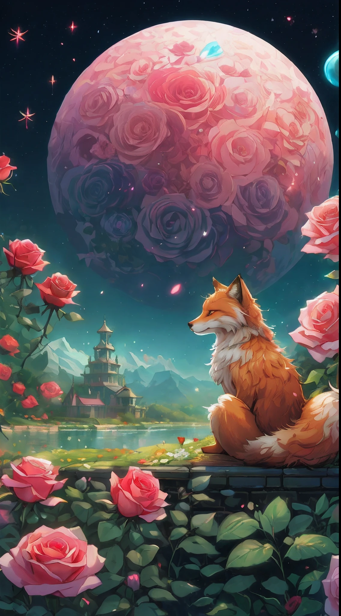 painting of a fox sitting on a ledge in a garden with roses, fantasy fox love, very very beautiful furry art, beeple and jeremiah ketner, furry fantasy art, beautiful art uhd 4 k, ethereal fox, cute detailed digital art, 4k highly detailed digital art, 4k detailed digital art, 8k high quality detailed art, detailed fantasy digital art