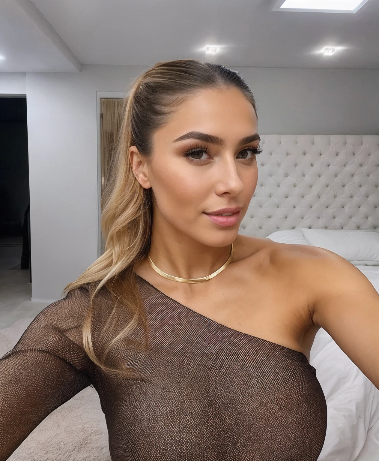 Beautiful 23 year old woman taking a selfie in a bedroom, naked, big breasts, topless, marischa becker, jaw-dropping beauty, jaw dropping beauty, lorena avarez, sexy face with full makeup, anastasia ovchinnikova, sexy face, glowy, yelena belova, angelina stroganova, fernanda suarez, blonde hair
