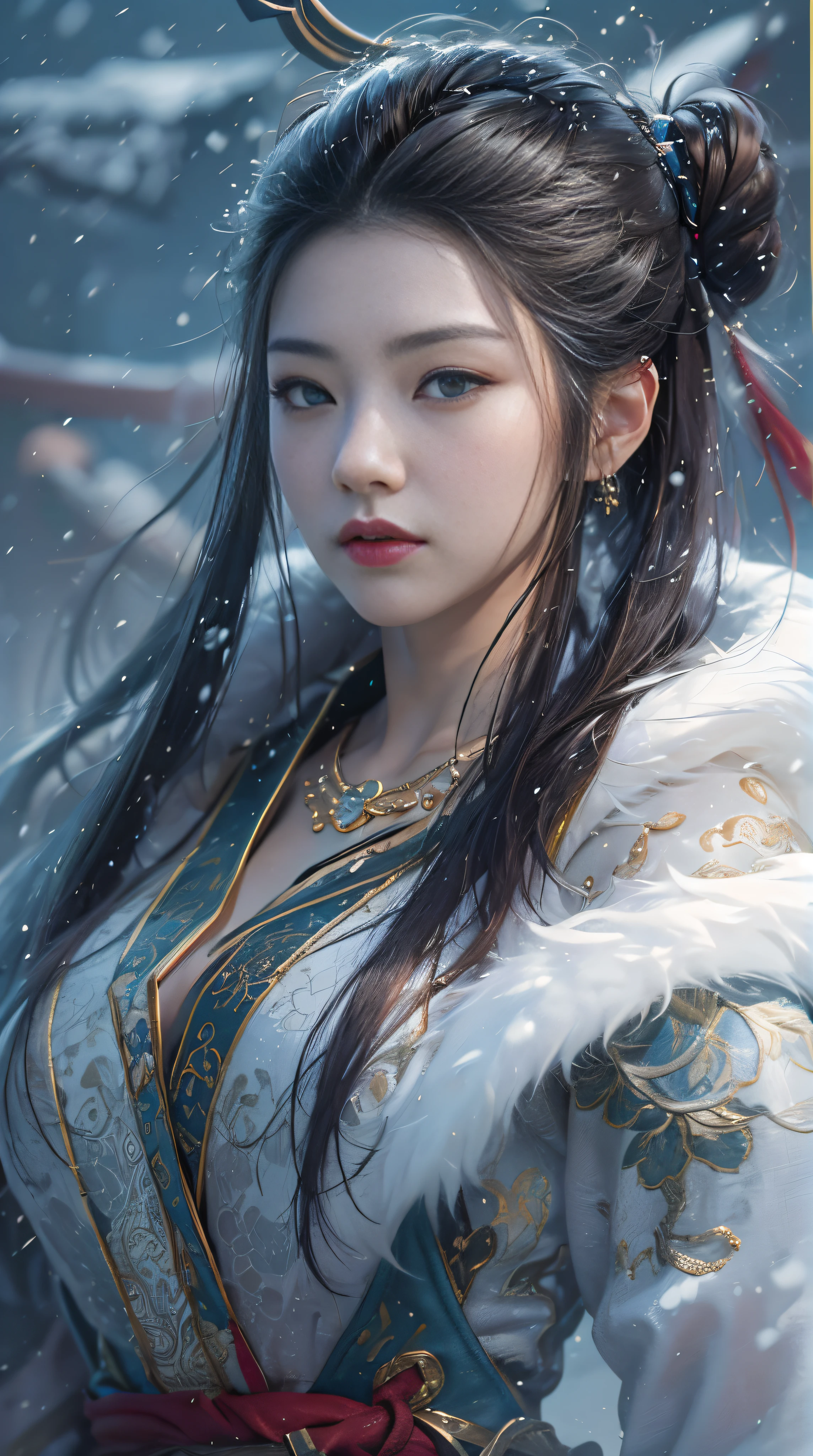 Best quality,Masterpiece,超高分辨率,(Photorealistic:1.4),xiuxian,arma,The sword,Detailed face, 1girll,Solo,arma,cleavage,(Magical Circle:1.2),xiuxian,Upper body,Beautiful girl,full bodyesbian,Huge breasts,snowfield,drifting snow