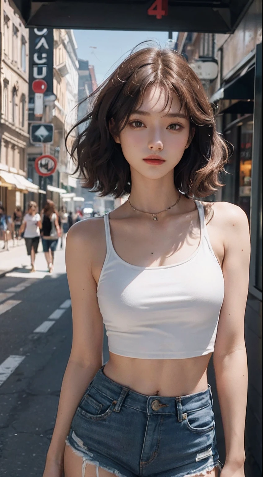 ((medium breast, tomboy girls, small head)), daylight, sunlight, (chiseled abs : 1.1), (perfect body : 1.1), (short wavy hair : 1.2) , auburn hair, collar, chain, full body shot, crowded street, wearing black tanktop, jeans jacket, ((shorts)), (extremely detailed CG 8k wallpaper), (an extremely delicate and beautiful), (masterpiece), (best quality:1.0), (ultra highres:1.0),  beautiful lighting ,perfect lightning, realistic shadows, [highres], detailed skin, ultra-detailed