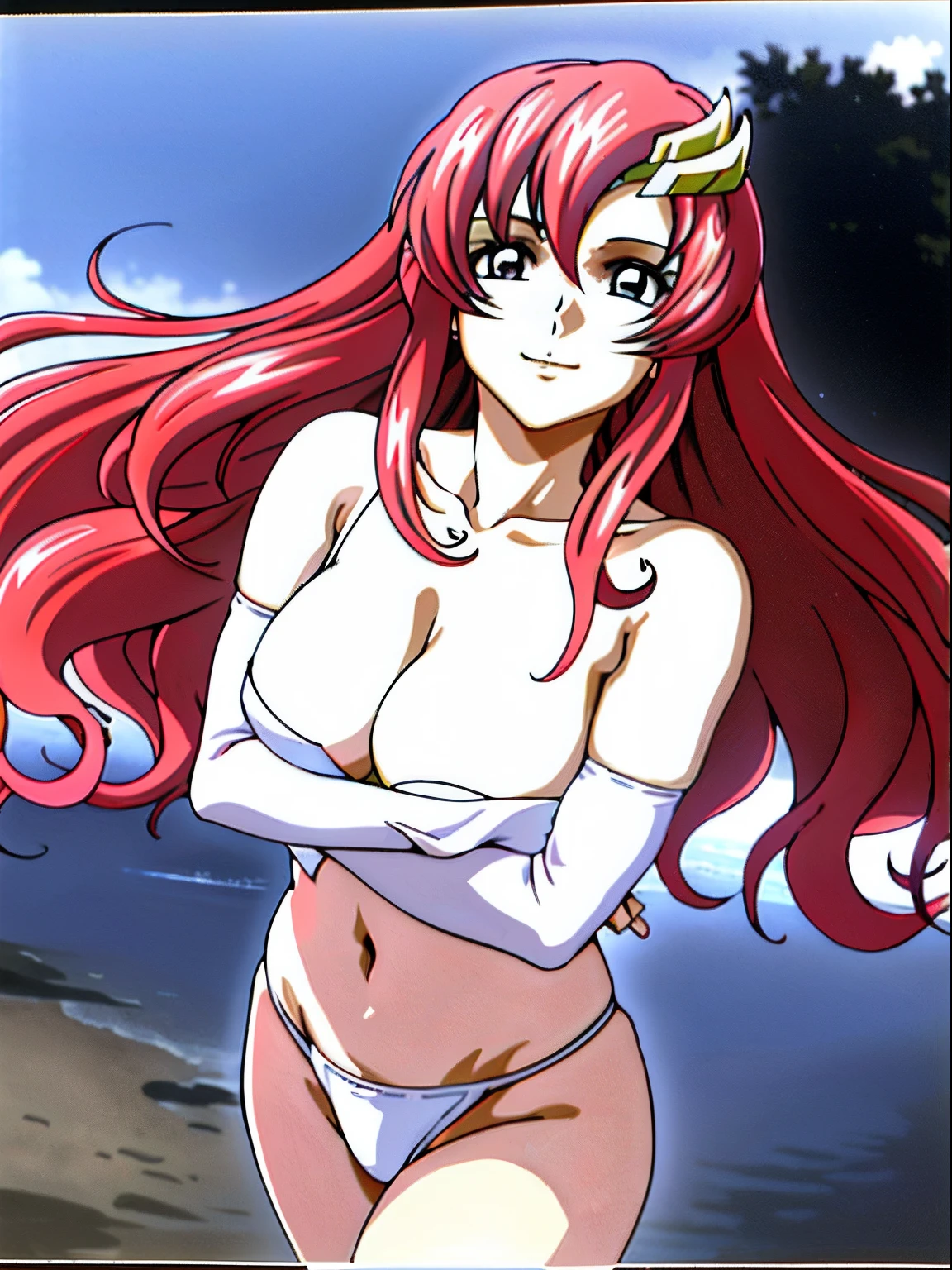 (masutepiece, 4K, Best Quality, Anime style: 1.9, (Solo), High color saturation, ultra Detailed face, tall, Adult Woman, lovely, contrasty lighting, (detailed beach background), high resolution, Anime, lacus4. (White micro bikini top, micro thong), 1girl in, Solo, Long hair, 鎖骨, scapular, Wavy Hair, Detailed wide hair bangs, Hair Ornament, ultra Detailed reddish-pink hair, cleavage, closed fists, large hands, white fingerless gloves, Big blue eyes, Off-shoulder, (white elbow pad), (medium breasts), Smile, closed mouth, slender, shy, happy, stomach, navel, (closed fists), white skin