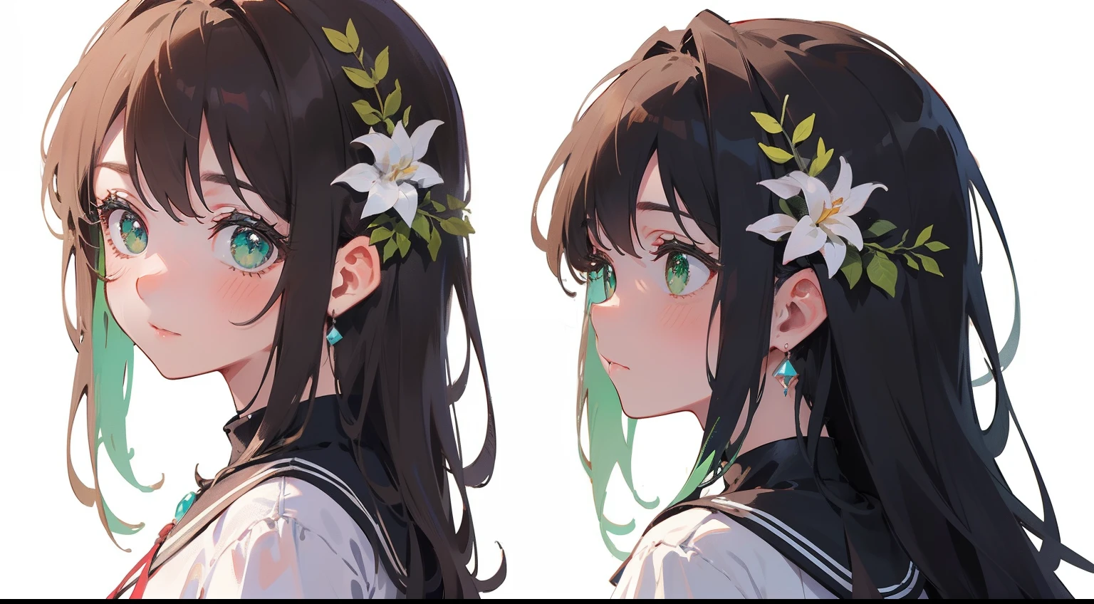 (masterpiece), (best quality), sharp focuse, (character design sheet, same character, side, back, close up), illustration, (detailed hair, detailed face, detailed body structure), ((1 woman, solo)), perfect feminine face, pose zitai, detailed design character, chestnut brown hair, long hair, ((green eyes, beautiful shapes of eyes)), scientist outfit, (simple background, white background: 1.3)