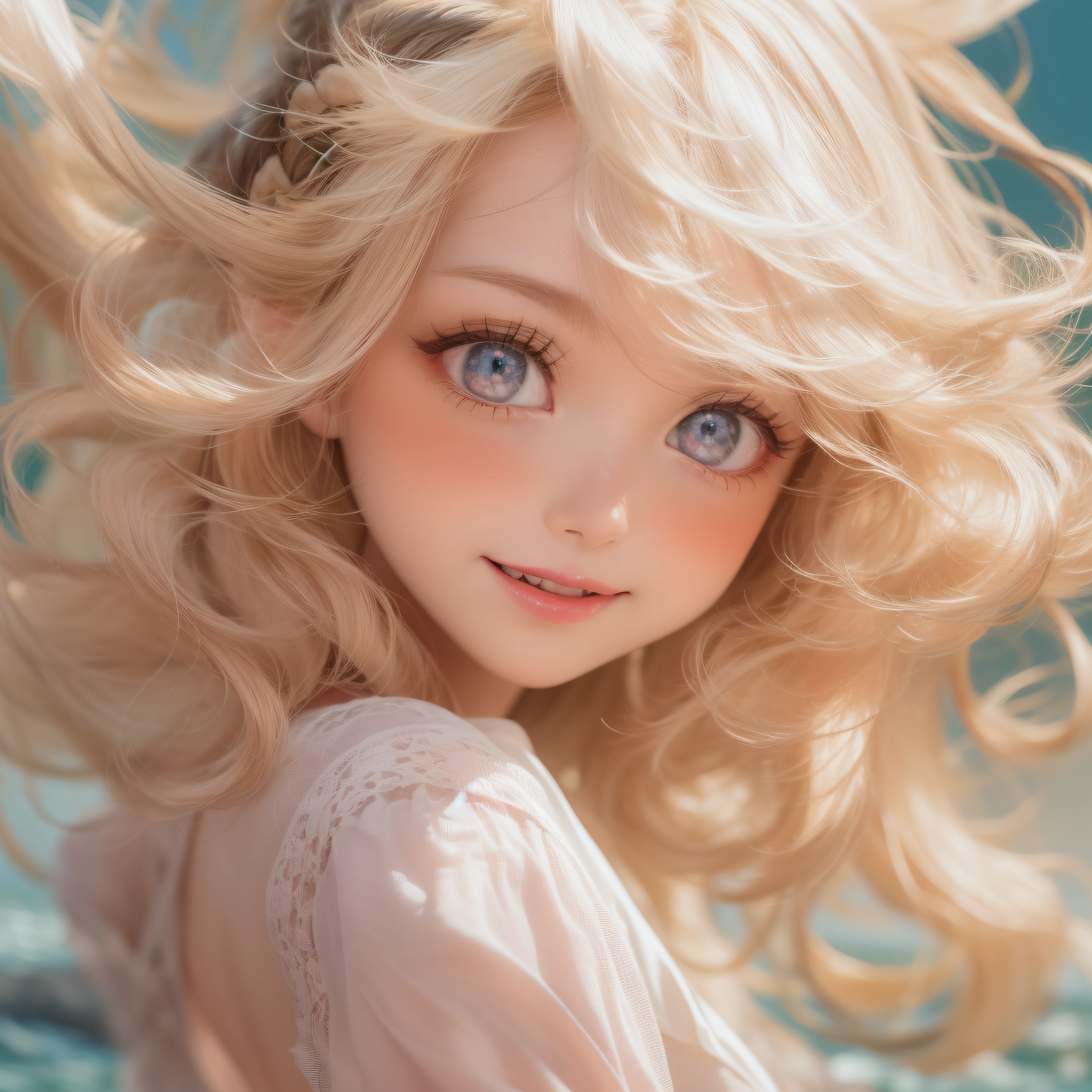 high-angle、high-angle、high-angle、Close up of smiling face with open mouth、(realisitic、hight resolution)、(1 girl in)、Do-Up Eye、Korean Girl、(Best Quality), (masutepiece), (1girl in), Solo, a beauty girl, Perfect face, Big Breast,dreamlikeart、Highly detailed airbrush art((Surreal))、Volumetric lighting、(top-quality)、The ultra-detailliert、(The composition of the movement:1.4)、Highly detailed colorful details、(Bright lighting)、dynamic compositions、Ray traching、The mirror reflects light、Shallow depth of field、ultra-detailliert、mixing exposure、nffsw、Her eyes are glowing pink、Staring at the pink sea。Her pink face is full of anticipation and courage for adventure.、A smile appears on her pink lips。 At the rear、The sun is slowly tilting to the west。Its light brings pink light to the surface of the sea、The swaying waves create a beautiful scene。Her eyes are clearly glowing pink。Lots of pink