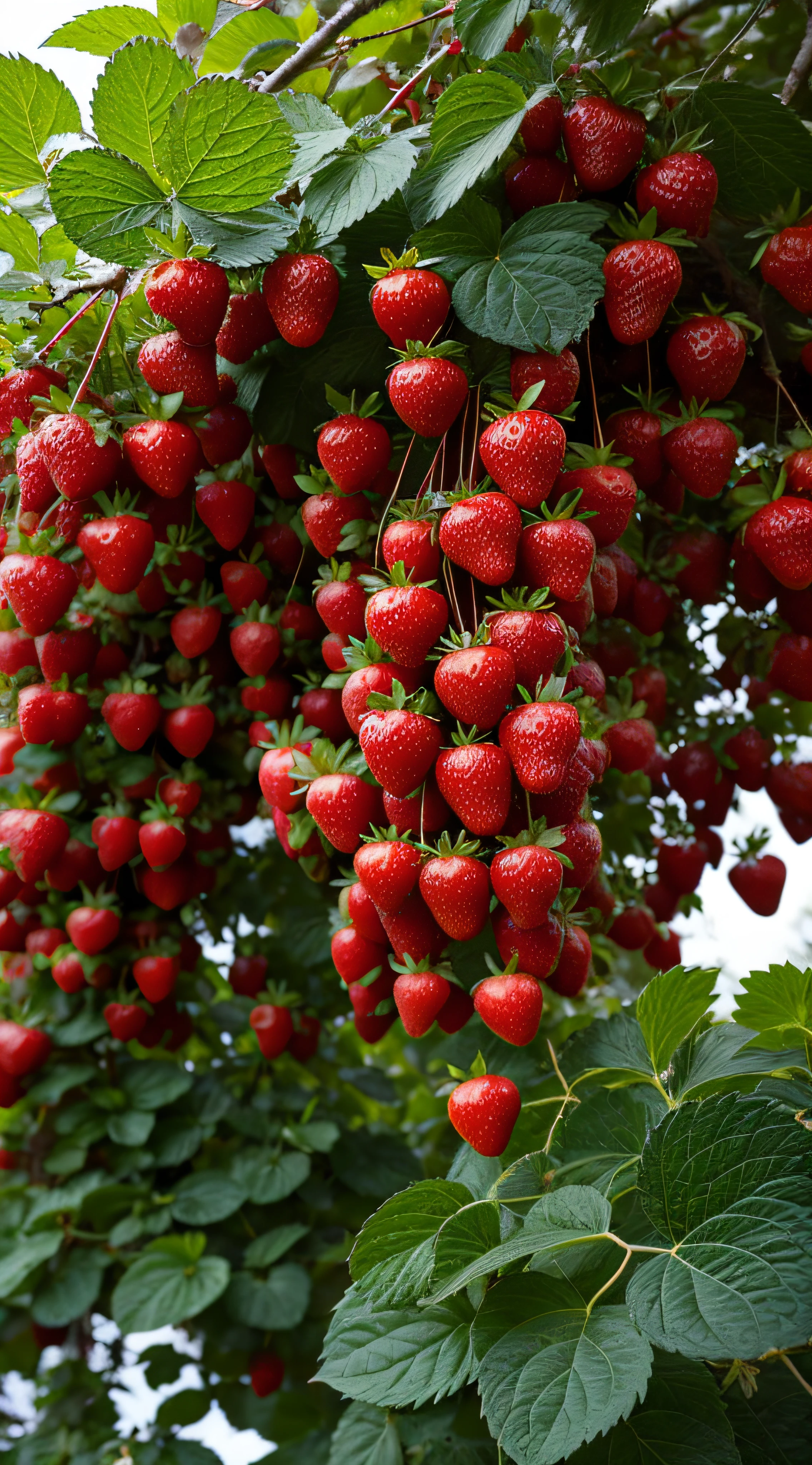 There are many strawberries hanging from the trees in the garden,Strawberry texture,Strawberries and leaves are covered with a layer of snow,Huge white strawberries,All grow inside a huge one, Lush fertile fecundity, look from down,, High picture quality, V tuber,
