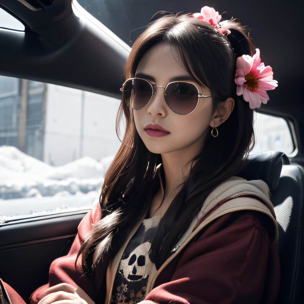 near pond，32K（tmasterpiece，k hd，hyper HD，32K）Burgundy double ponytail，flower stick，Indigo Skull King ，Hold the big G steering wheel （The skeleton is realistic：1.4），Python pattern robe，Silver skull flower ornaments，Sargin linen cloak，Petals flutter，Snow red marble sunglasses，Hold your head high，Be proud，The nostrils look at people， A high resolution， the detail， RAW photogr， Sharp Re， Nikon D850 Film Stock Photo by Jefferies Lee 4 Kodak Portra 400 Camera F1.6 shots, Rich colors, ultra-realistic vivid textures, Dramatic lighting, Unreal Engine Art Station Trend, cinestir 800，Hold your head high，Be proud，The nostrils look at people，Tsundere，Petals flutter，Petals flutter，Sprinkle with gold dust，Fluttering，Impeccable，( reasonable design, Clear lines, High sharpness,Best quality, Very detailed skeleton, The skeleton of a masterpiece, offcial art, movie light effect, 4K skeleton（（（Snow red marble sunglasses）））Snow red marble sunglasses