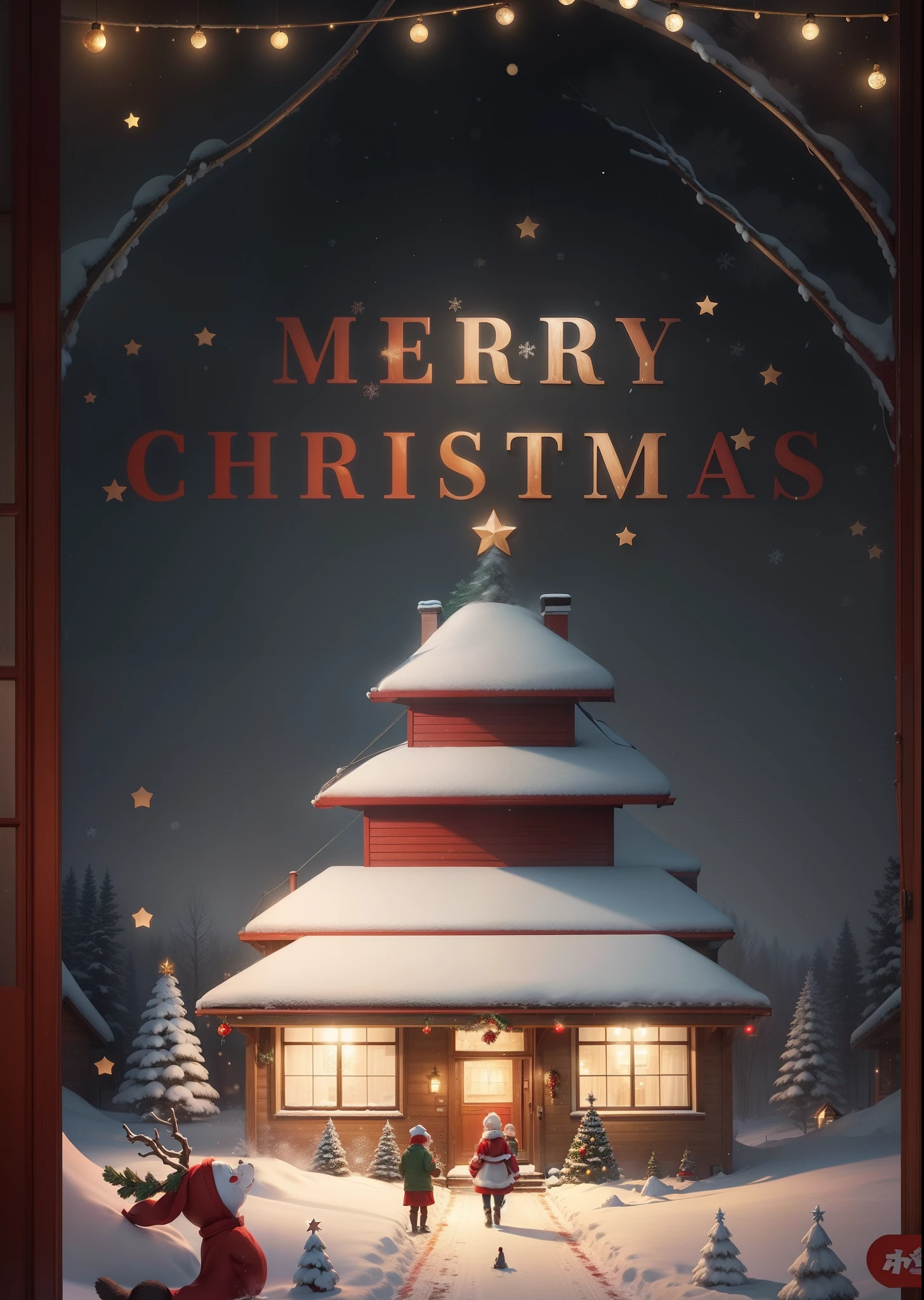 Imagine that，This Santa Claus poster is full of joy and warmth。Santa Claus is portrayed vividly，He wears a red coat、Red hat and white beard，Holding a bag full of gifts。

The background is a snow-white winter landscape，Snowflakes fall on lovely cottages in the forest，The interior of the house emits a warm glow through the light from the windows。The pine trees next to the cottage are covered with shining lights and Christmas decorations，Make the whole scene more dazzling。

There is also a group of happy children in the picture，They are looking forward to the arrival of Santa Claus。They wear brightly colored clothes，With a smile on your face，Christmas stockings and gift box in hand。

The whole poster gives warmth、Feelings of joy and well-being，As if the magic of Christmas accompanied the arrival of Santa Claus，It brings endless joy and blessings to people。

Let's celebrate this special holiday together，Share joy and love with family and friends！