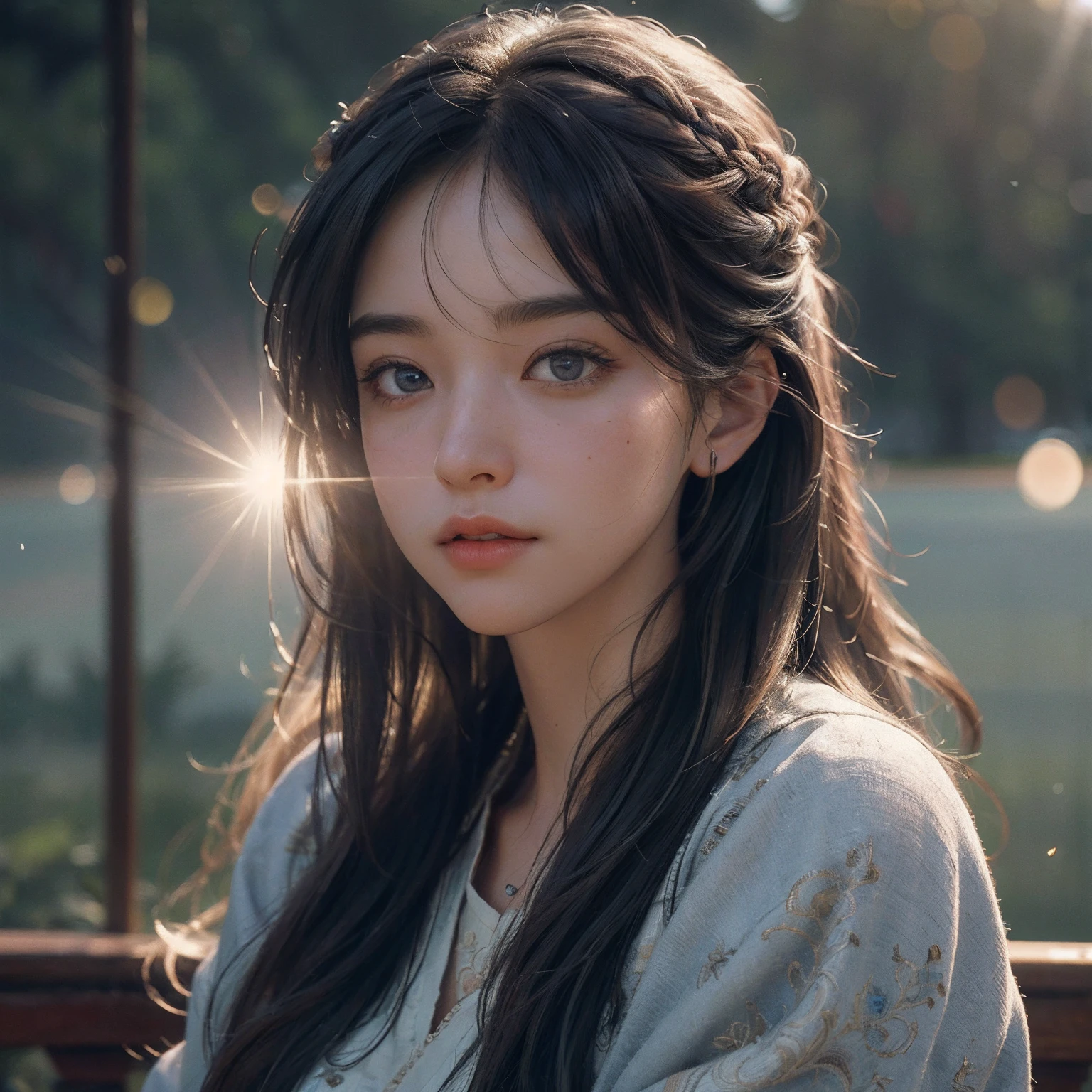 (RAW photo, best quality), (realistic, photo-realistic:1.3),best quality,highly detailed,masterpiece,ultra-detailed,illustration,1girl,upper_body,dynamic angle,world masterpiece theater,messy_long_hair,best quality,extremely detailed CG unity 8k wallpaper,ink,Amazing,cinematic lighting,lens_flare, dunhuang_style