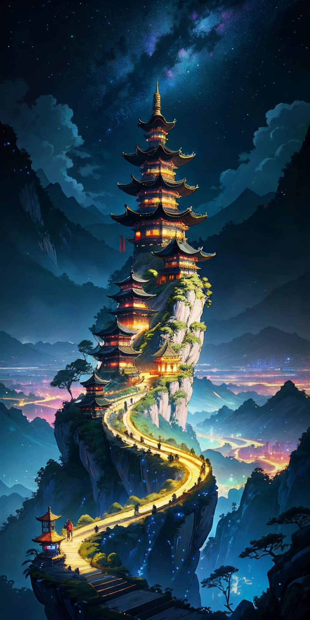 sky, star (sky), scenery, starry sky, night, 1girl, night sky, solo, outdoors, cloud, milky way, sitting, tree, long hair, city, cityscape, painted scene by Han Gan, winner of cg society competition, fantasy art, dreamy Chinese town, Chinese landscape, Chinese fantasy, Chinese ink style, pin ancient city view, order Impressive fantasy landscape, most epic landscape, pagoda on hill, mountainous jungle environment, avatar landscape, chinese village.