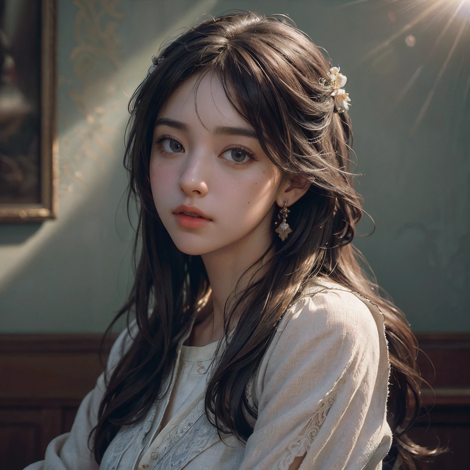 (RAW photo, best quality), (realistic, photo-realistic:1.3),best quality,highly detailed,masterpiece,ultra-detailed,illustration,1girl,upper_body,dynamic angle,world masterpiece theater,messy_long_hair,best quality,extremely detailed CG unity 8k wallpaper,ink,Amazing,cinematic lighting,lens_flare, dunhuang_style