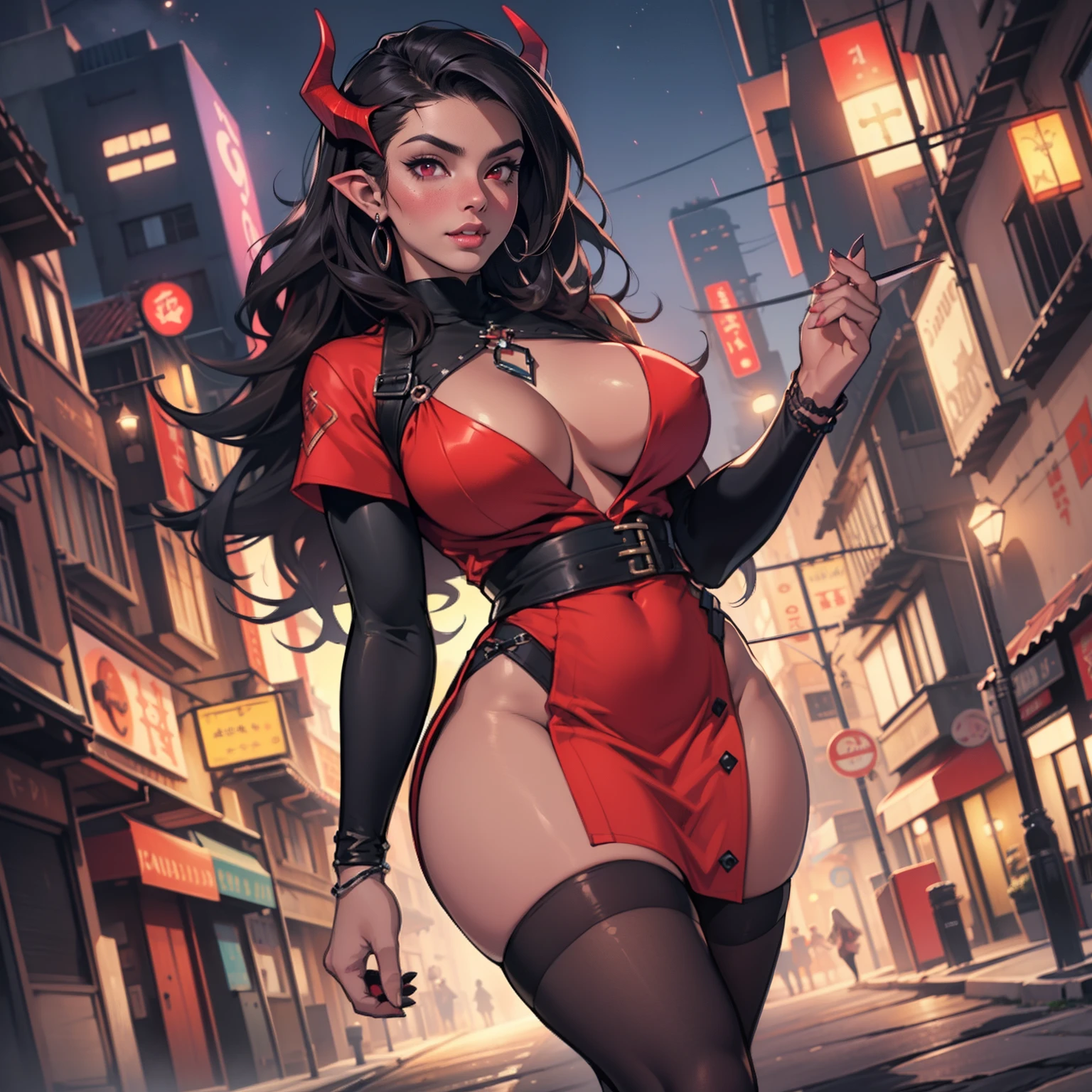 ((realista: 1.5)),((melhor qualidade)), ((obra-prima)),((detalhado)), Succubus, dark skin, wavy, dark hair, red dress, black tights, sexy, big chest, thick thighs, seductive look, wide waist, vulgar, hands on breasts, medieval city at night