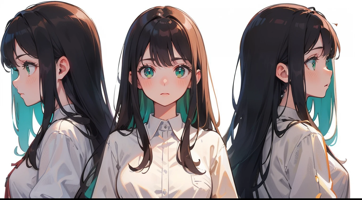 (masterpiece), (best quality), sharp focuse, (character design sheet, same character, profile side, back, close up), illustration, (detailed hair, detailed face, detailed features structure), ((1 woman, solo)), perfect feminine face, pose zitai, detailed design character, chestnut brown hair, long hair, ((green eyes, beautiful shapes of eyes)), crazy scientist outfit, (simple background, white background: 1.3)