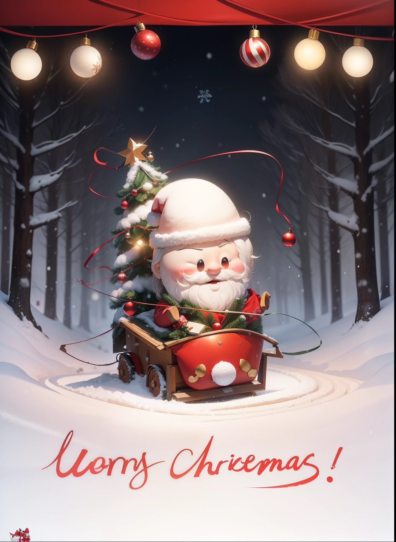 Imagine that,This Santa Claus poster is full of joy and warmth。Santa Claus is portrayed vividly,He wears a red coat、Red hat and white beard,Holding a bag full of gifts。
The background is a snow-white winter landscape,Snowflakes fall on lovely cottages in the forest,The interior of the house emits a warm glow through the light from the windows。The pine trees next to the cottage are covered with shining lights and Christmas decorations,Make the whole scene more dazzling。
There is also a group of happy children in the picture,They are looking forward to the arrival of Santa Claus。They wear brightly colored clothes,With a smile on your face,Christmas stockings and gift box in hand。
The whole poster gives warmth、Feelings of joy and well-being,As if the magic of Christmas accompanied the arrival of Santa Claus,It brings endless joy and blessings to people。
Let's celebrate this special holiday together,Share joy and love with family and friends!