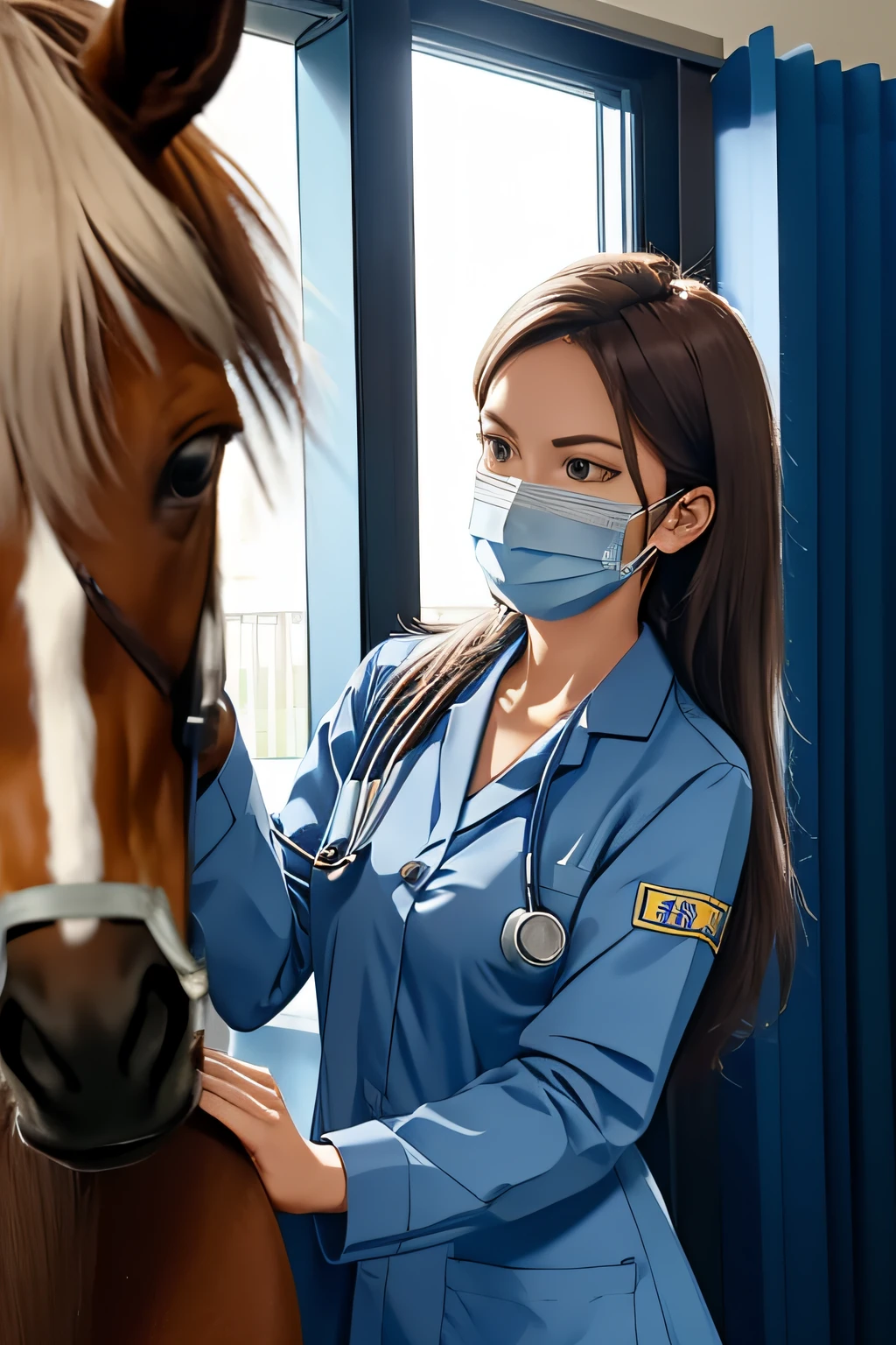 Mask veterinarian and stethoscope examined horse