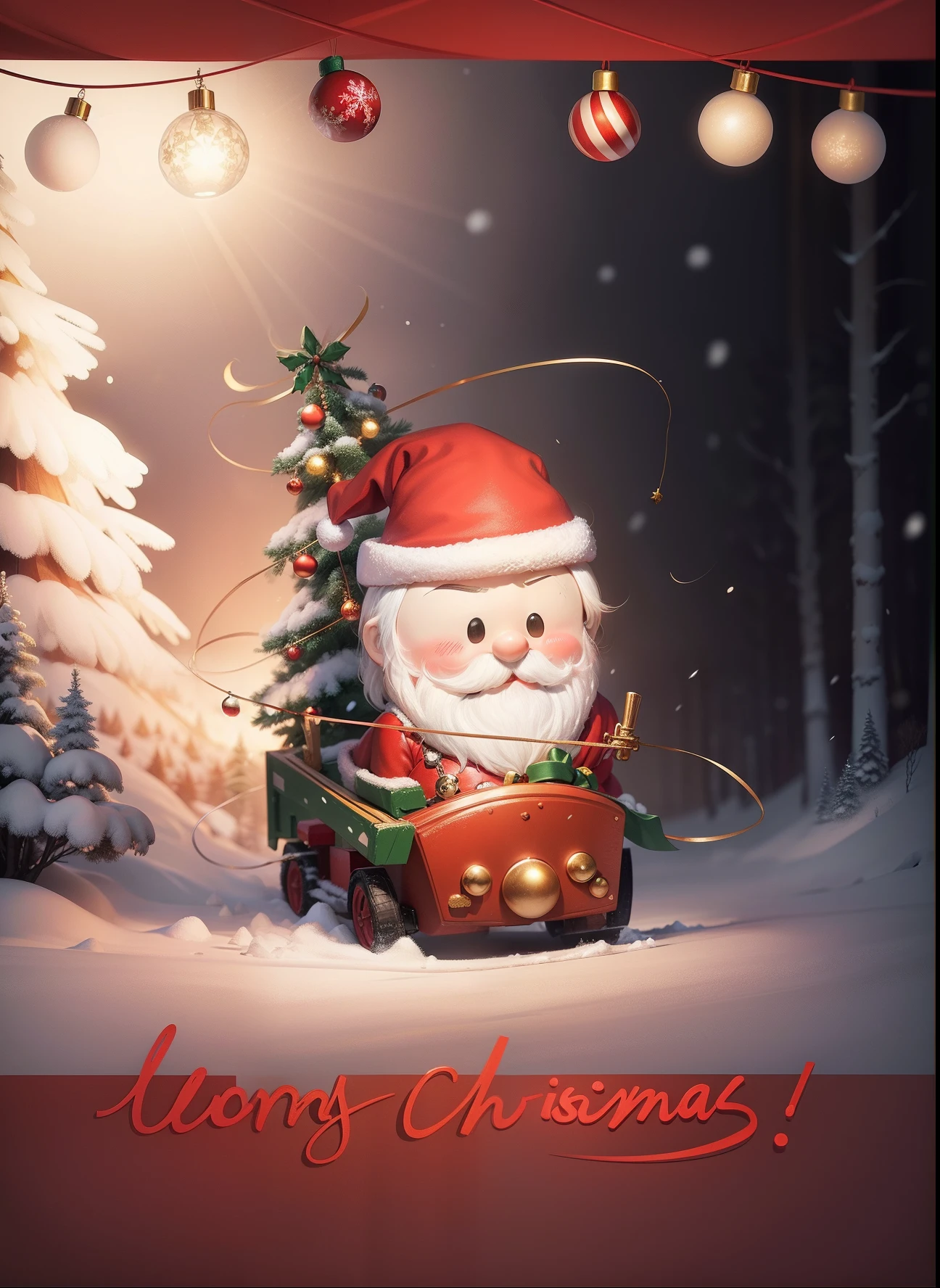 Imagine that,This Santa Claus poster is full of joy and warmth。Santa Claus is portrayed vividly,He wears a red coat、Red hat and white beard,Holding a bag full of gifts。
The background is a snow-white winter landscape,Snowflakes fall on lovely cottages in the forest,The interior of the house emits a warm glow through the light from the windows。The pine trees next to the cottage are covered with shining lights and Christmas decorations,Make the whole scene more dazzling。
There is also a group of happy children in the picture,They are looking forward to the arrival of Santa Claus。They wear brightly colored clothes,With a smile on your face,Christmas stockings and gift box in hand。
The whole poster gives warmth、Feelings of joy and well-being,As if the magic of Christmas accompanied the arrival of Santa Claus,It brings endless joy and blessings to people。
Let's celebrate this special holiday together,Share joy and love with family and friends!