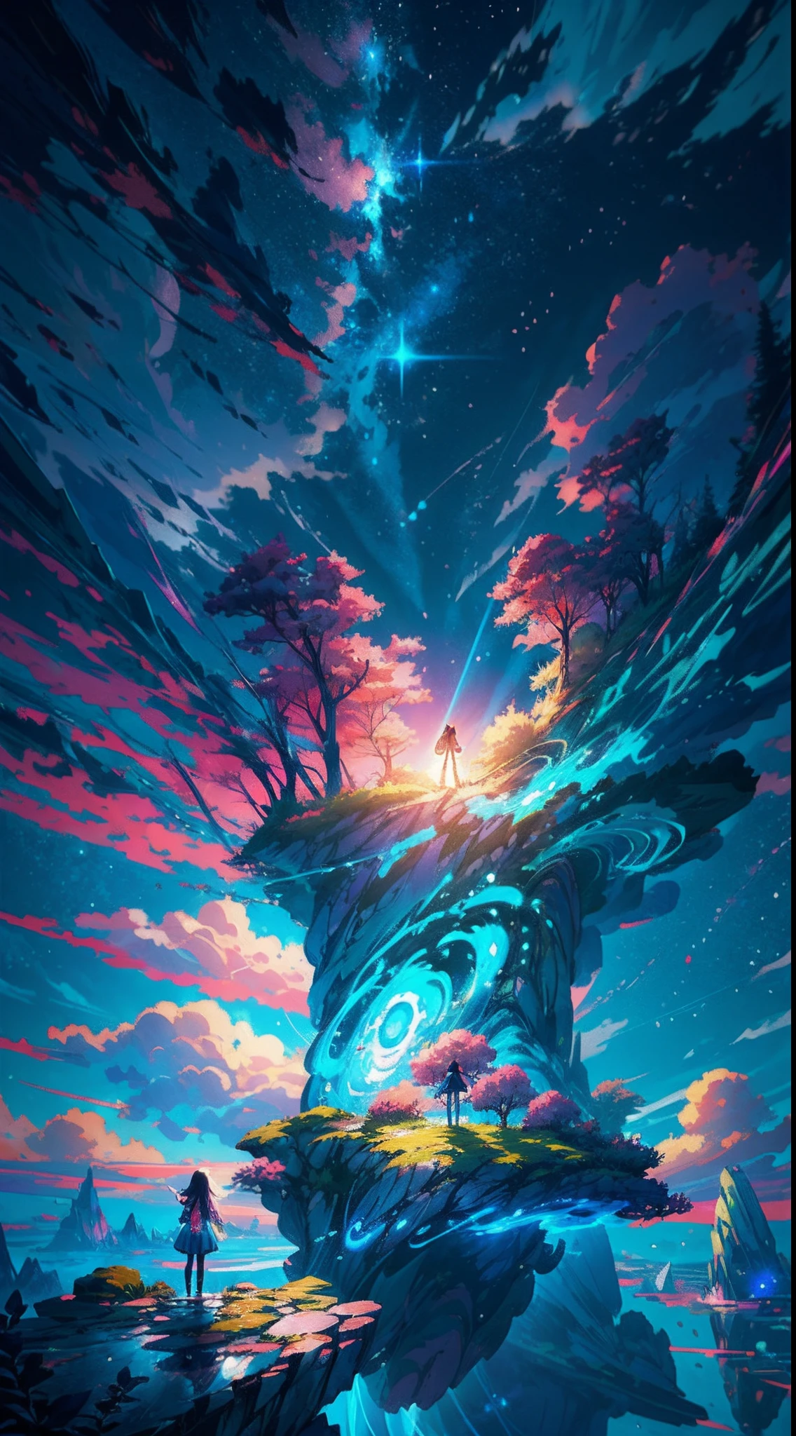 Anime girl standing on a rock looking at blue-green starry sky, makoto shinkai cyril rolando, anime art wallpaper 4k, anime art wallpaper 4k, Anime art wallpaper 8k, cosmic sky. by makoto shinkai, inspired by Cyril Rolando, in the style dan mumford artwork, amazing wallpapers, by Yuumei