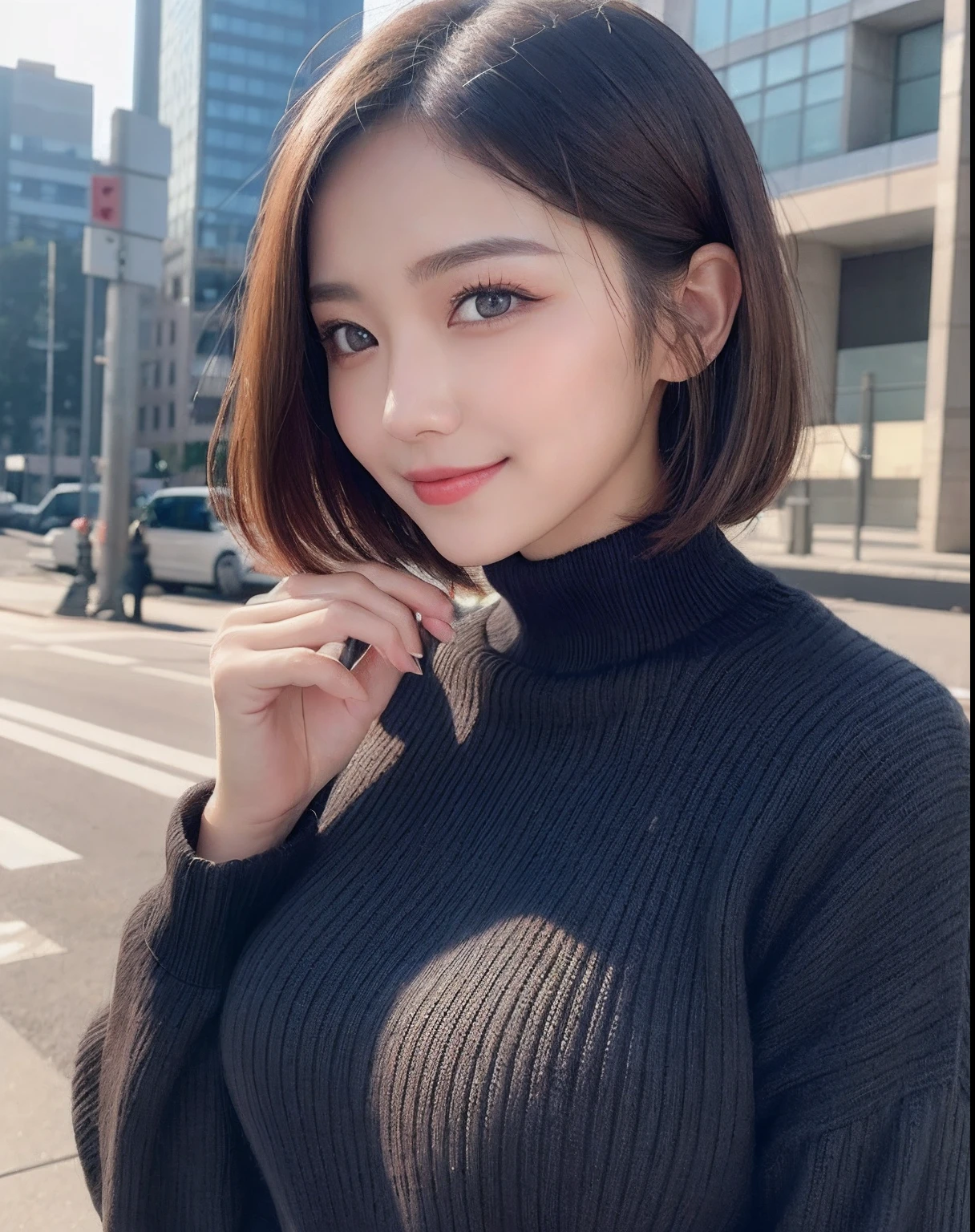 masutepiece, Best Quality, Photorealsitic, finely detail, hight resolution, 8K Wallpapers, Perfect dynamic composition, Beautiful detailed eyes, Medium Shorthair, large full breasts, Random and sexy poses,Random situations、Tight black knitwear、Breast bulge、A smile、Beautiful autumn cityscape、25-years old、(drooping eyes 1.3)、Adult beauty、natural make up、japanes