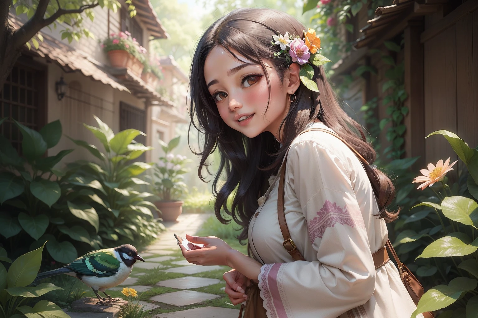 . With a stroke, Maya canvas transformed into a lush garden.Birds chirped, and flowers bloomed. Maya's heart swelled with joy,