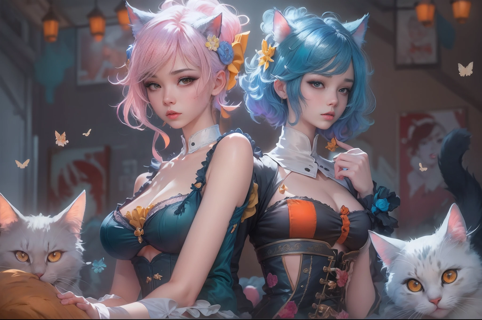 anime - style image of two women with pink and blue hair dressed in red and blue corset, posing in Akihabara for a foto shooting, Captured from worm's eye view, 4 meters distance to viewer, wlop and sakimichan, attractive cat girl, artwork in the style of guweiz, fantasy art style, 2. 5 d cgi anime fantasy artwork, fanart best artstation, by Yang J, trending on cgstation, wlop and ross tran, guweiz