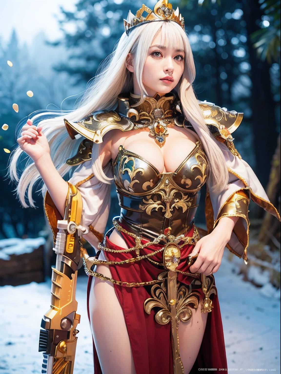 Professional , masterpiece、top-quality、photos realistic , depth of fields (Gemstone White Metal Body:1.9),(Matte White、Jewel Gold Weapon(Jewel Metal Body:1.4),Gorgeous metal weapons ,(( Detailed and gorgeous sword of the brave)) , Beautiful knife ,warhammer 40k ,Detail and ornate jewel crown、((Micro Bikini Armor))、((Gangle's forest background))、Beautiful Caucasian beauty、1a person、dynamic ungle,(((Detailed and ornate diamond crown)))、Smaller head、A smile、Background inside the castle、Thin and beautiful female hands、cleavage of the breast、Soldier in iron armor on background、Mystical expression、Light Effects、intense fighting、Wind-effect、magic circles、With the legendary magic wand、(wings of light)、Toostock、Anatomically correct body、