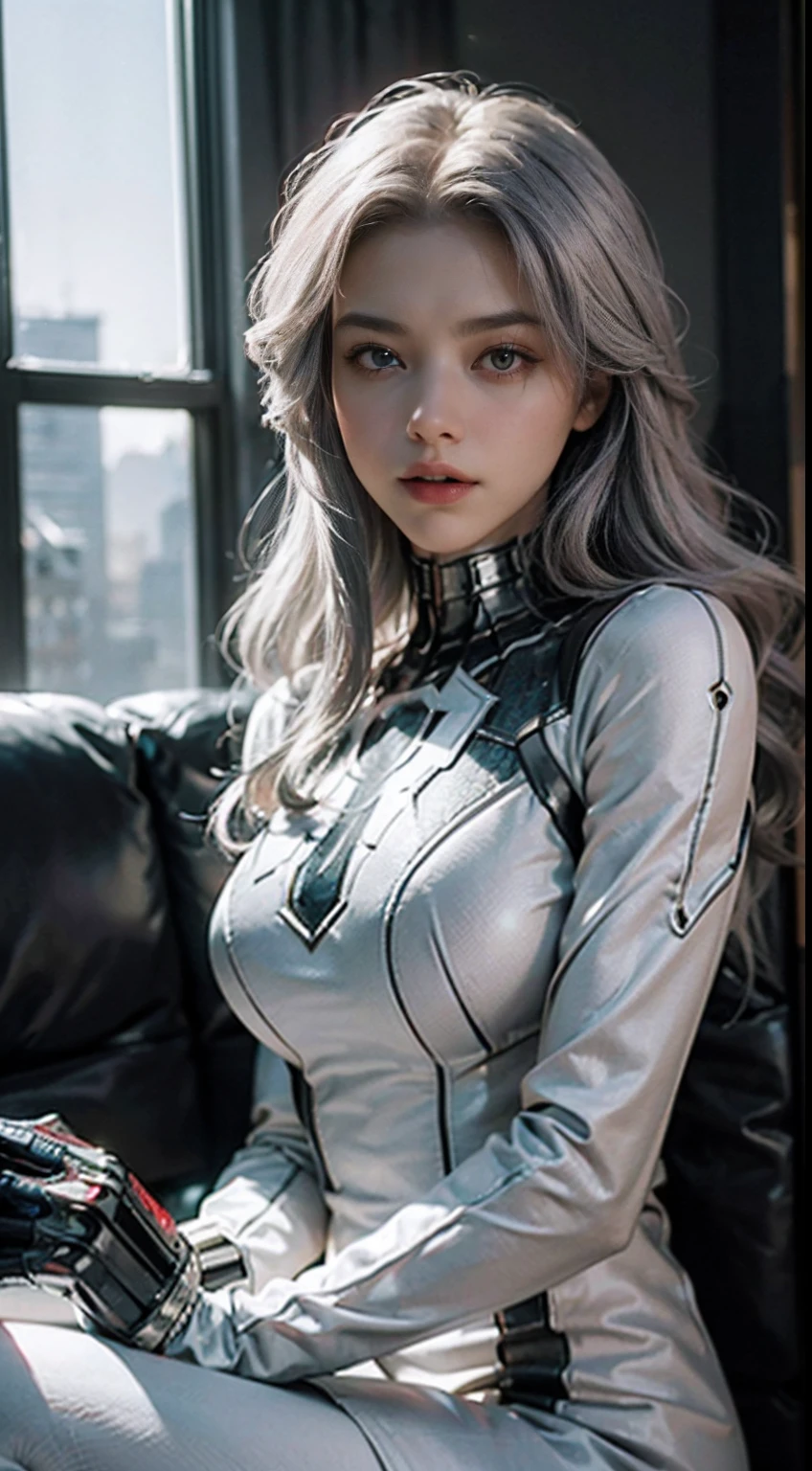(CG Unity 8K wallpaper in extreme detail,tmasterpiece,Highest image quality),(Delicate light and shadow,The picture is highly dramatic,Cinematic lens effect),A girl in a white Spider-Man costume,Silver-gray hair color,From the Spider-Man parallel universe,Wenger,Marvel,Spidey,sitting in the couch,dynamicposes),(Exceptional detail,The lighting effect is outstanding,Vista wide angle),(Excellent rendering,Enough to stand out from the crowd),The focus is on the white Spider-Man costume,Complex spider textures,(Delicate facial features)