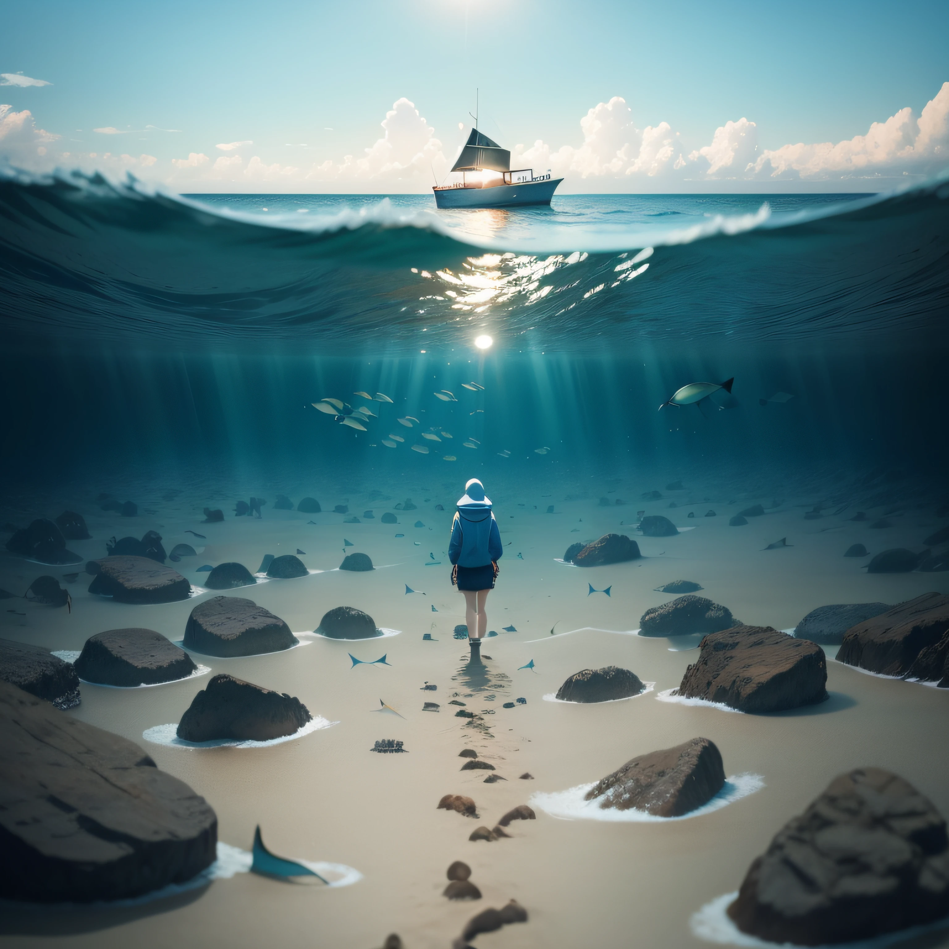 Alone on the shore，A school of fish in the sea