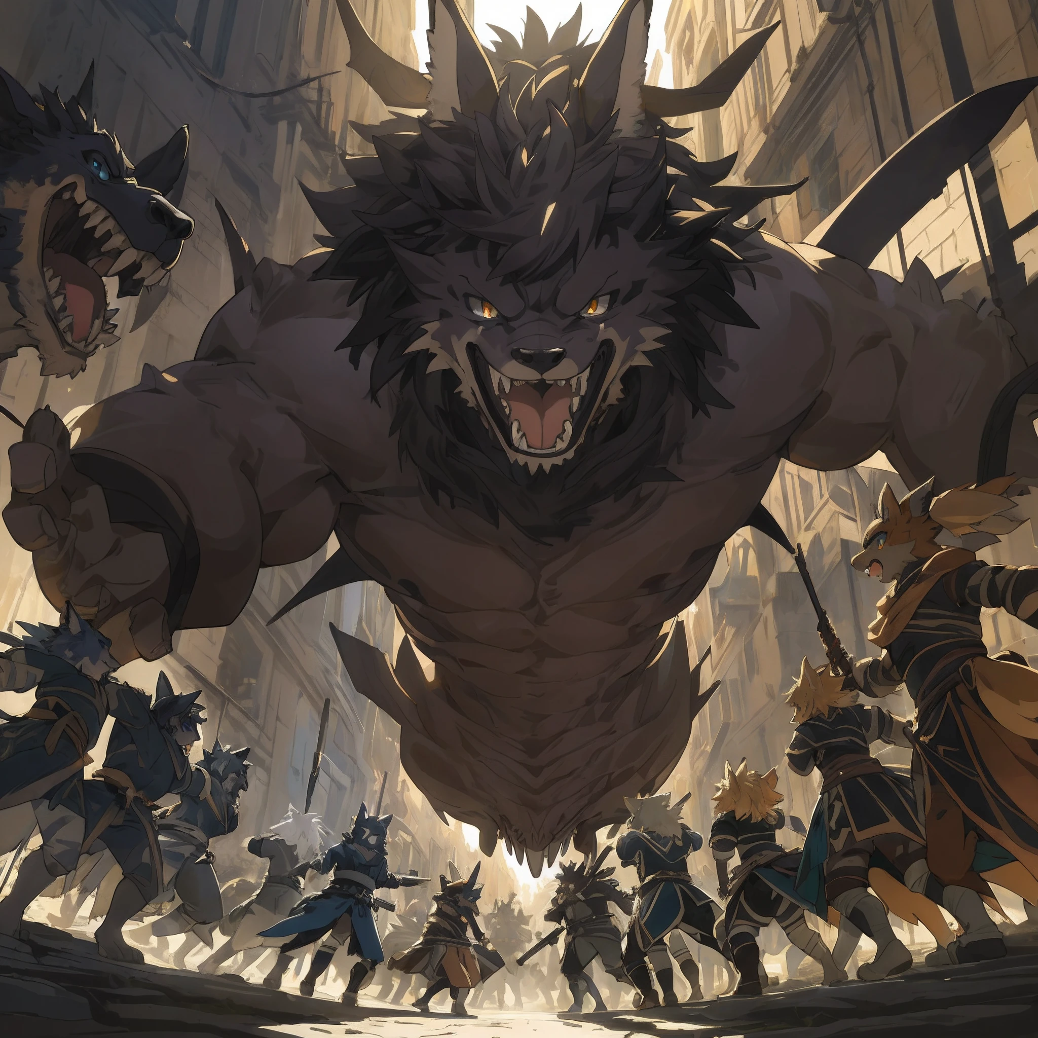 top quality, best quality, High-quality illustrations, masterpiece, super high resolution, detailed background, Back alleys((battle movie of Terrifying creatures and human))6+boys, 6+girls, absurdres(highly detailed beautiful face and eyes)perfect anatomy, expression, dynamic lighting, deep shadow(kemono, furry anthro)assorted poses, dynamic angle,