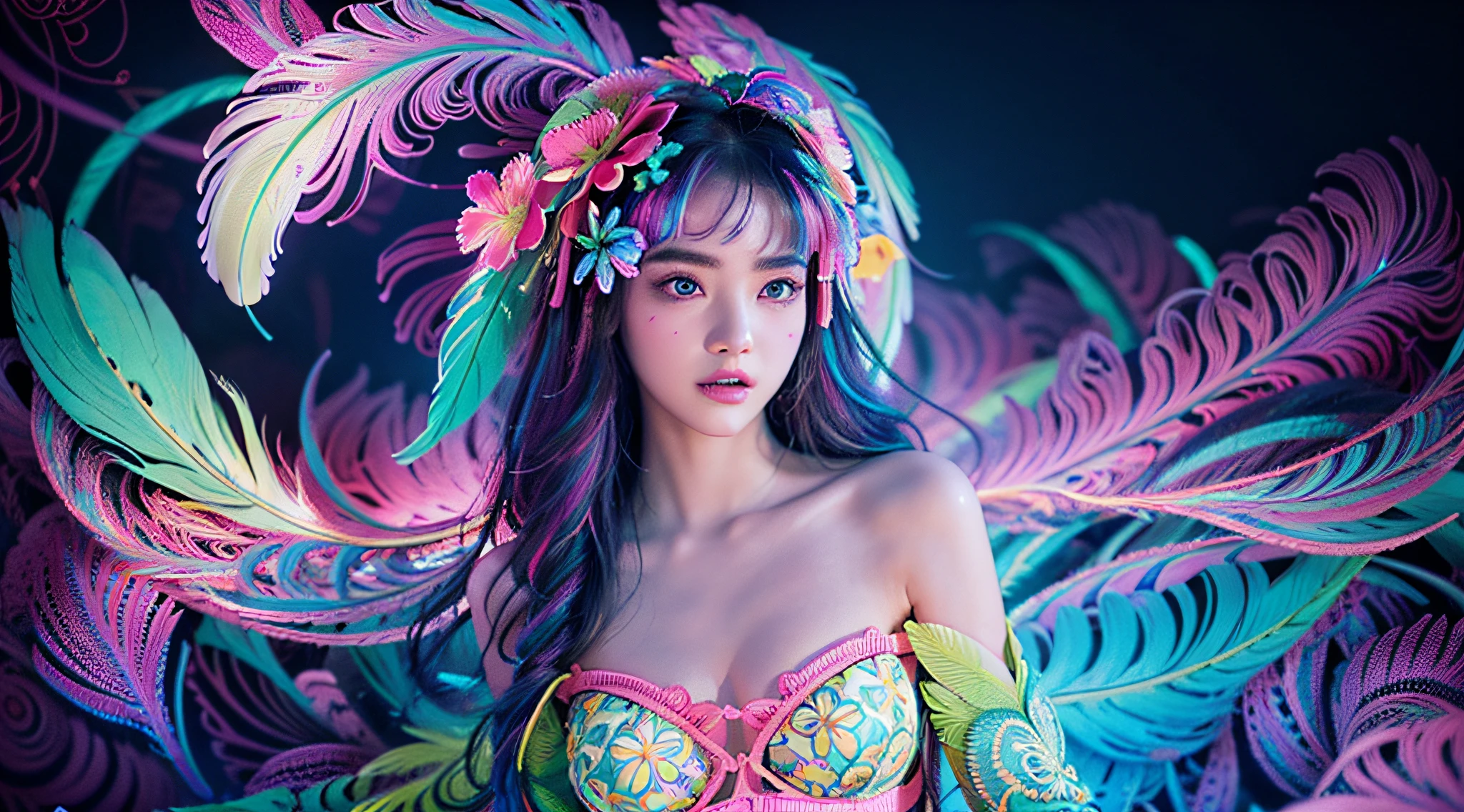 masterpiece, top quality, best quality, official art, beautiful and aesthetic:1.2), (1girl:1.3), extremely detailed,(fractal art:1.1)neon,(colorful:1.1)neon(flowers:1.3)neon,highest detailed,(zentangle:1.2)neon, (dynamic pose), (3D abstract background:1.3) neon, (shiny skin), (many colors:1.4)neon, (feathers:1.5), neonlight