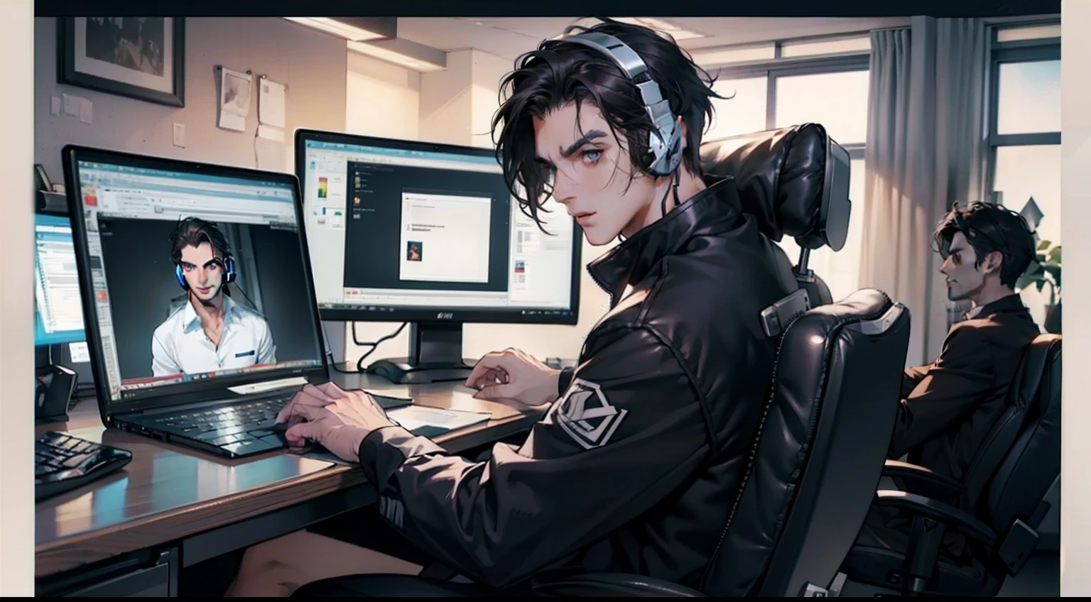 mature male , dark hair , dark eye , computer desk , gaming , headset