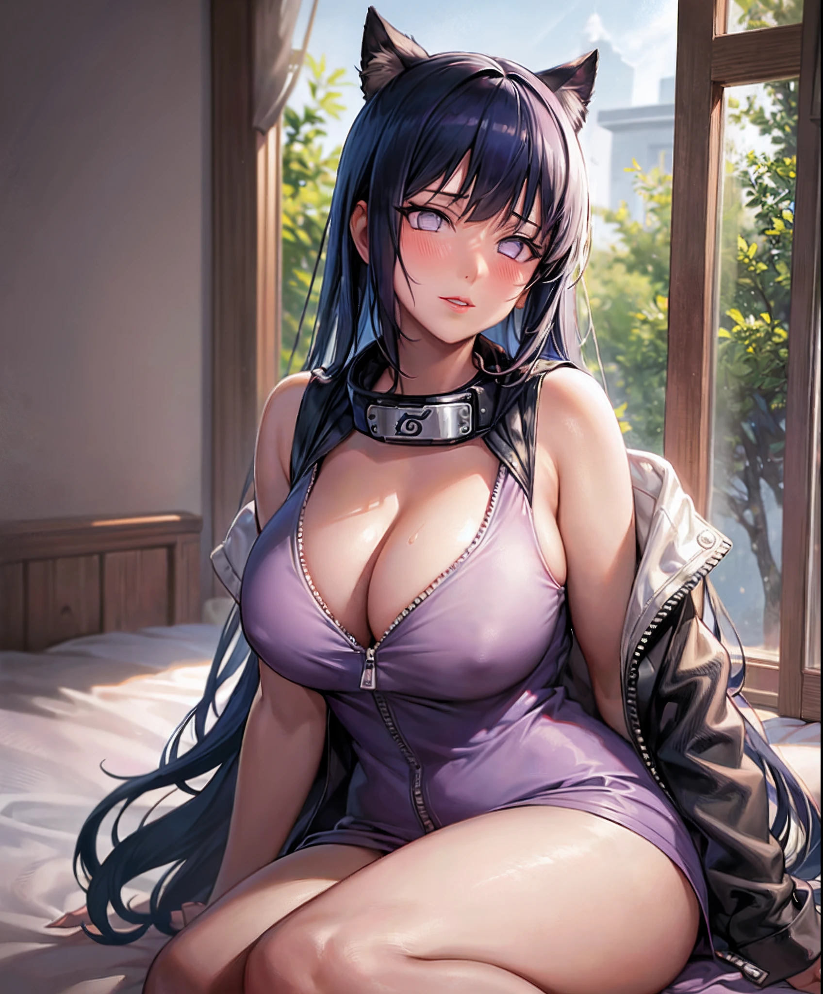 Masterpiece, highres, high Quality, detailed face, detailed body render, 1girl, solo, hyuuga hinata, hinata-sleeveless-outfit, large breasts, big breast, sleeveless shirt, fishnet top, dark lips, unzipped jacket, no bra, breasts out, nipple, standing, blushes, (on bedroom)
