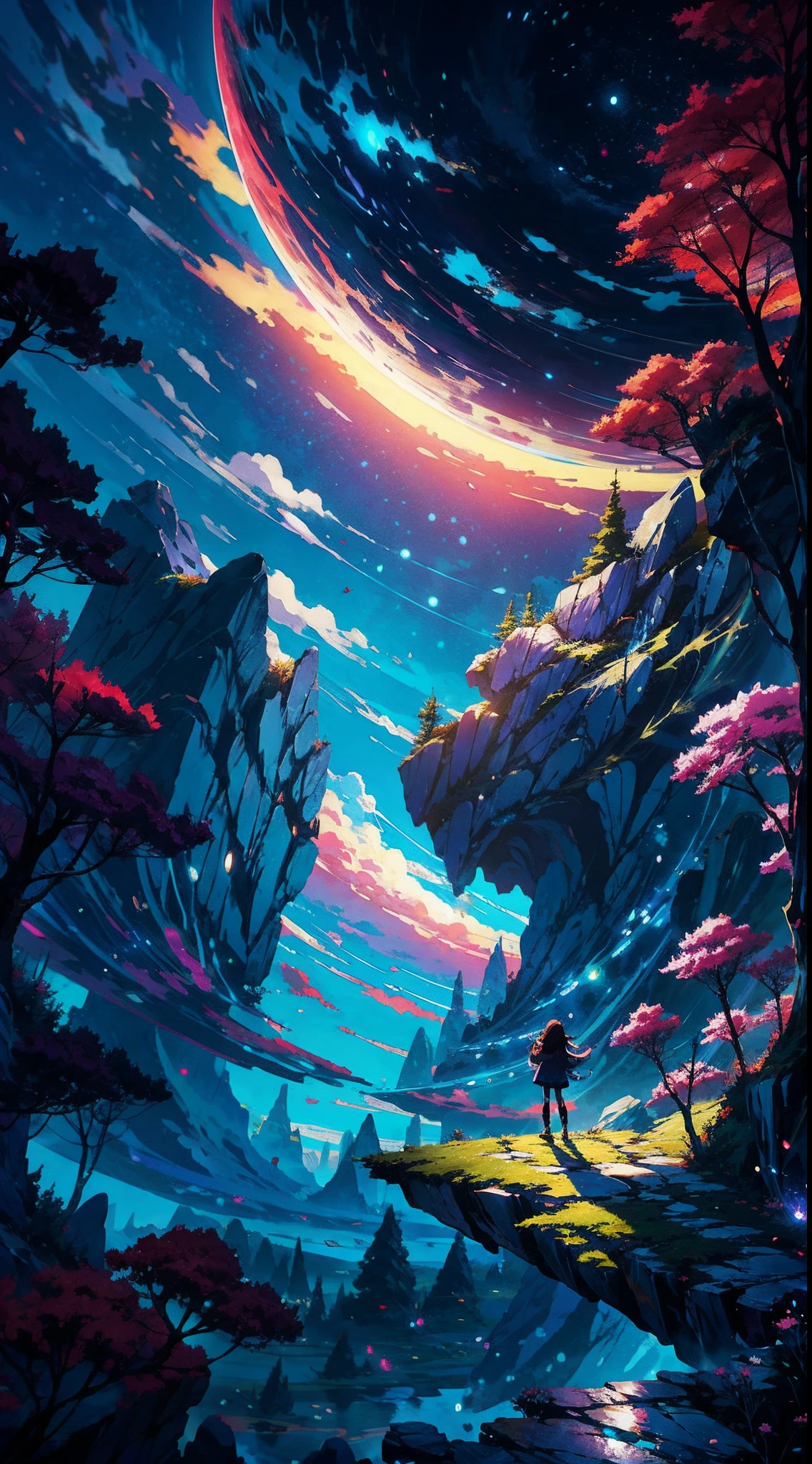 Anime girl standing on a rock looking at iridescent sky, makoto shinkai cyril rolando, anime art wallpaper 4k, anime art wallpaper 4k, Anime art wallpaper 8k, cosmic sky. by makoto shinkai, inspired by Cyril Rolando, in the style dan mumford artwork, amazing wallpapers, by Yuumei