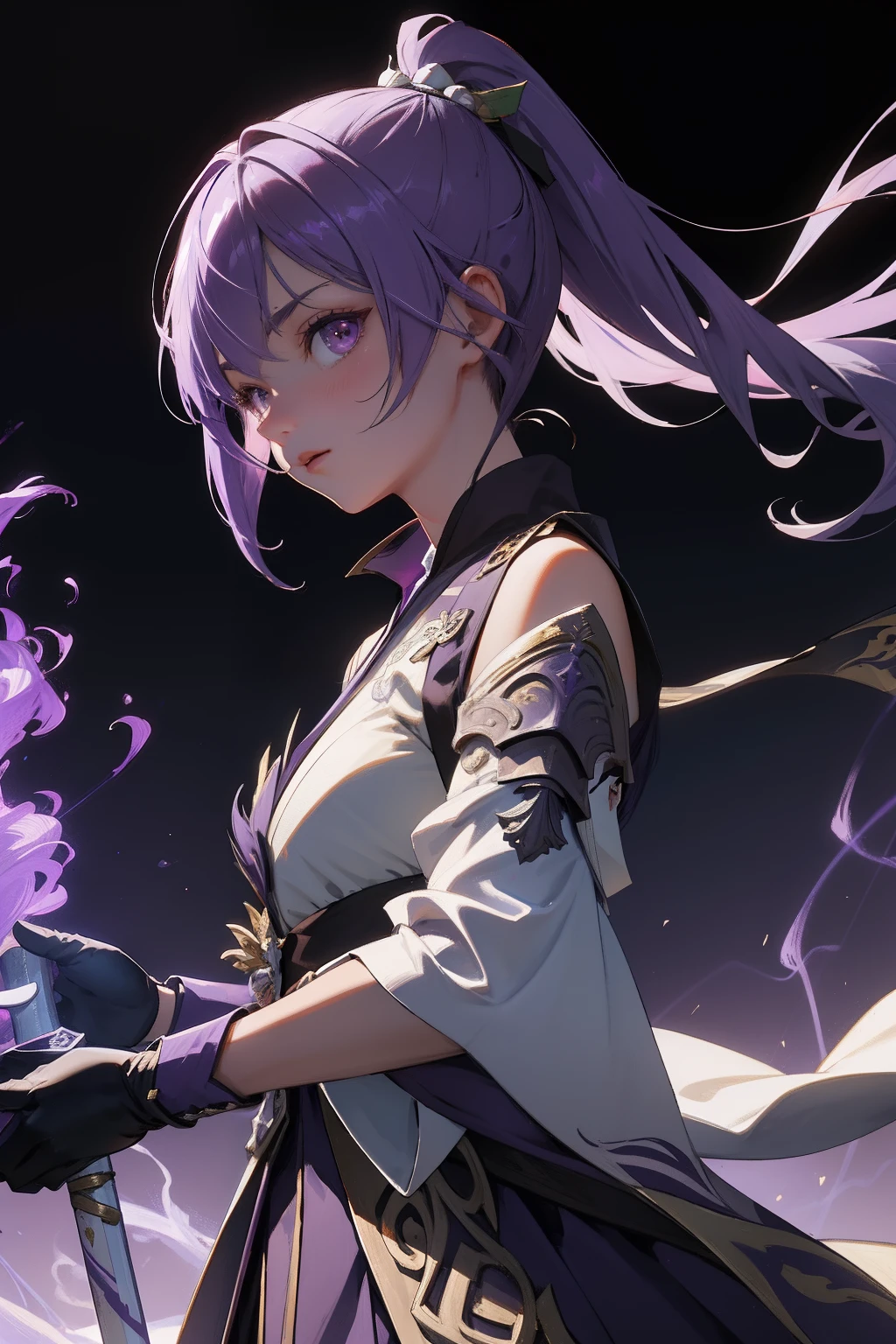 8k UHD,((best illustration)),((masterpiece)), best quality, ((cinematic lighting)), absurdres, looking at viewer, solo, Keqing (flawless radiance), Keqing, official costume, double ponytail, purple hair, hair ribbon, japanese armor, gacha banner, (purple lightning background:1.4), upper body, turn and look at the audience, serious look, black and thin gloves, sword in her left hand