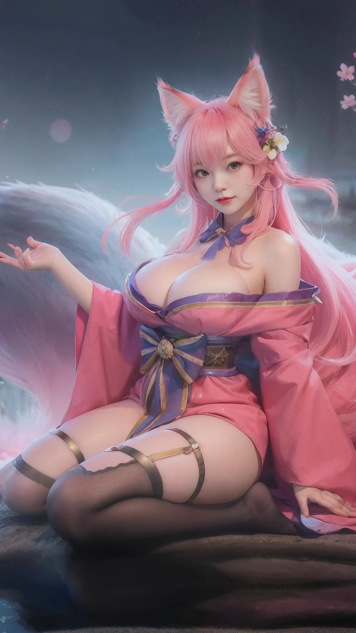 Anime girl kneeling by the river with pink hair and cat ears, 8K high quality detailed art, Extremely detailed Artgerm, WLOP and Sakimichan, ahri, 8k octae render photo, Anime goddess, trending on cgstation, Artgerm on ArtStation Pixiv, portrait of ahri, Inspired by WLOP，The background is a peach blossom forest