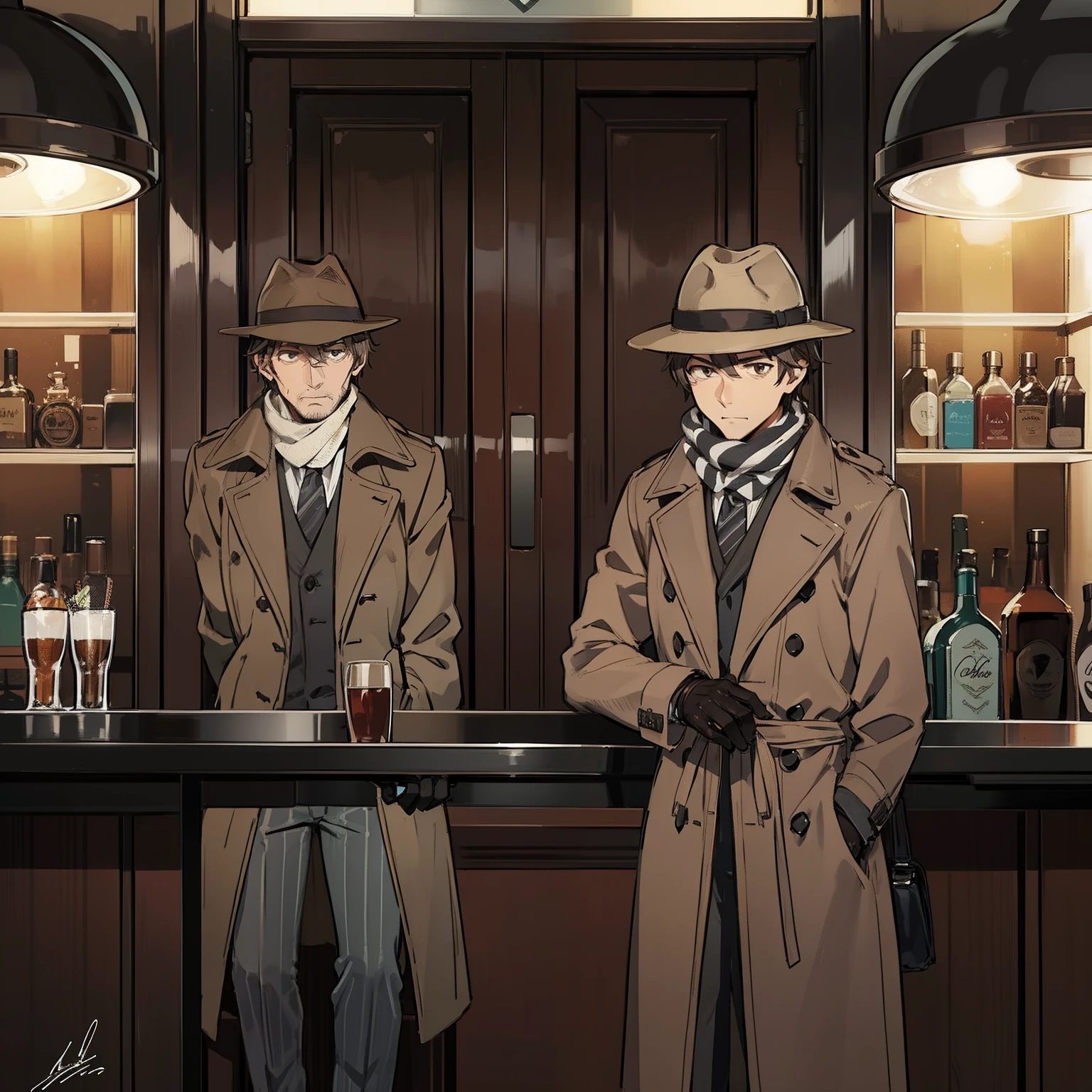 Stylish Bar、a bar counter、alcohol、whiskey、Dark interior、sofa、bird cage、Two Men in Suits(8K、top-quality、masterpiece:1.2)、(realisitic、Photoreal:1.37、ren、Beautiful fece、Professional Writing、Photon mapping、physically-based renderingt、wide Shots、